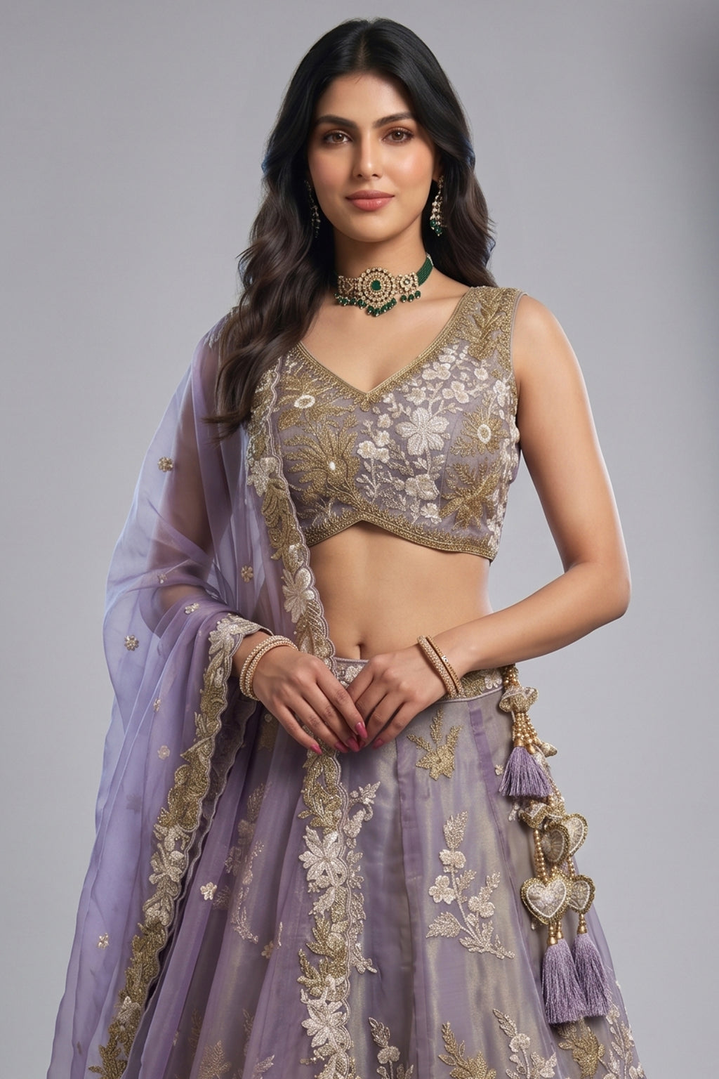 Dusty Purple Metallic Tissue Lehenga Choli with Royal Floral Sequin & Bead Embroidery