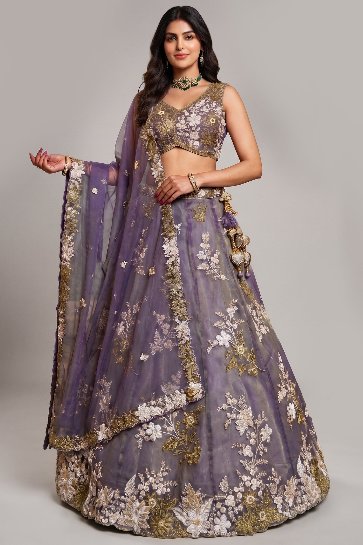 Dusty Purple Metallic Tissue Lehenga Choli with Royal Floral Sequin & Bead Embroidery Main image