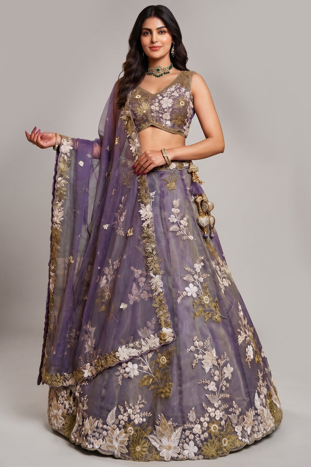 Dusty Purple Metallic Tissue Lehenga Choli with Royal Floral Sequin & Bead Embroidery