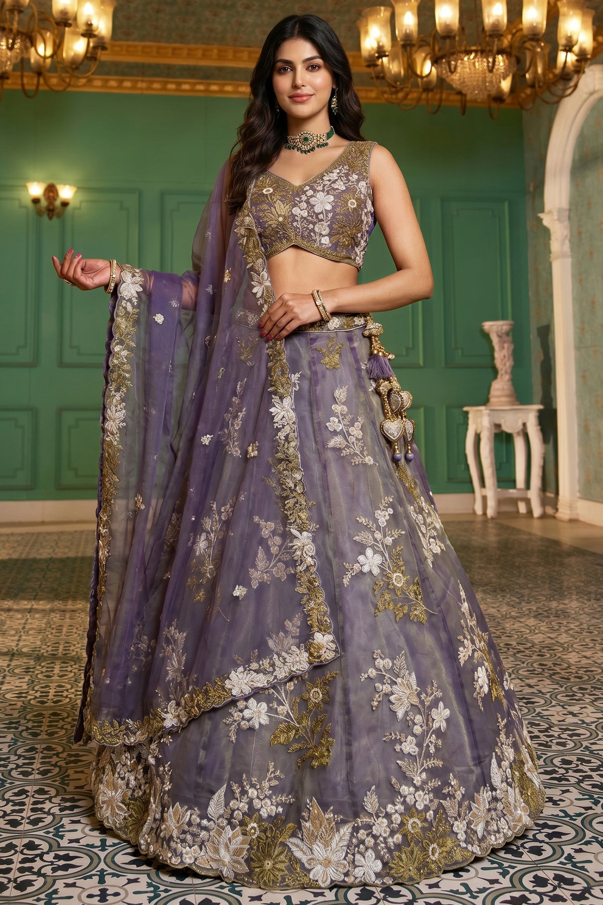 Dusty Purple Metallic Tissue Lehenga Choli with Royal Floral Sequin & Bead Embroidery