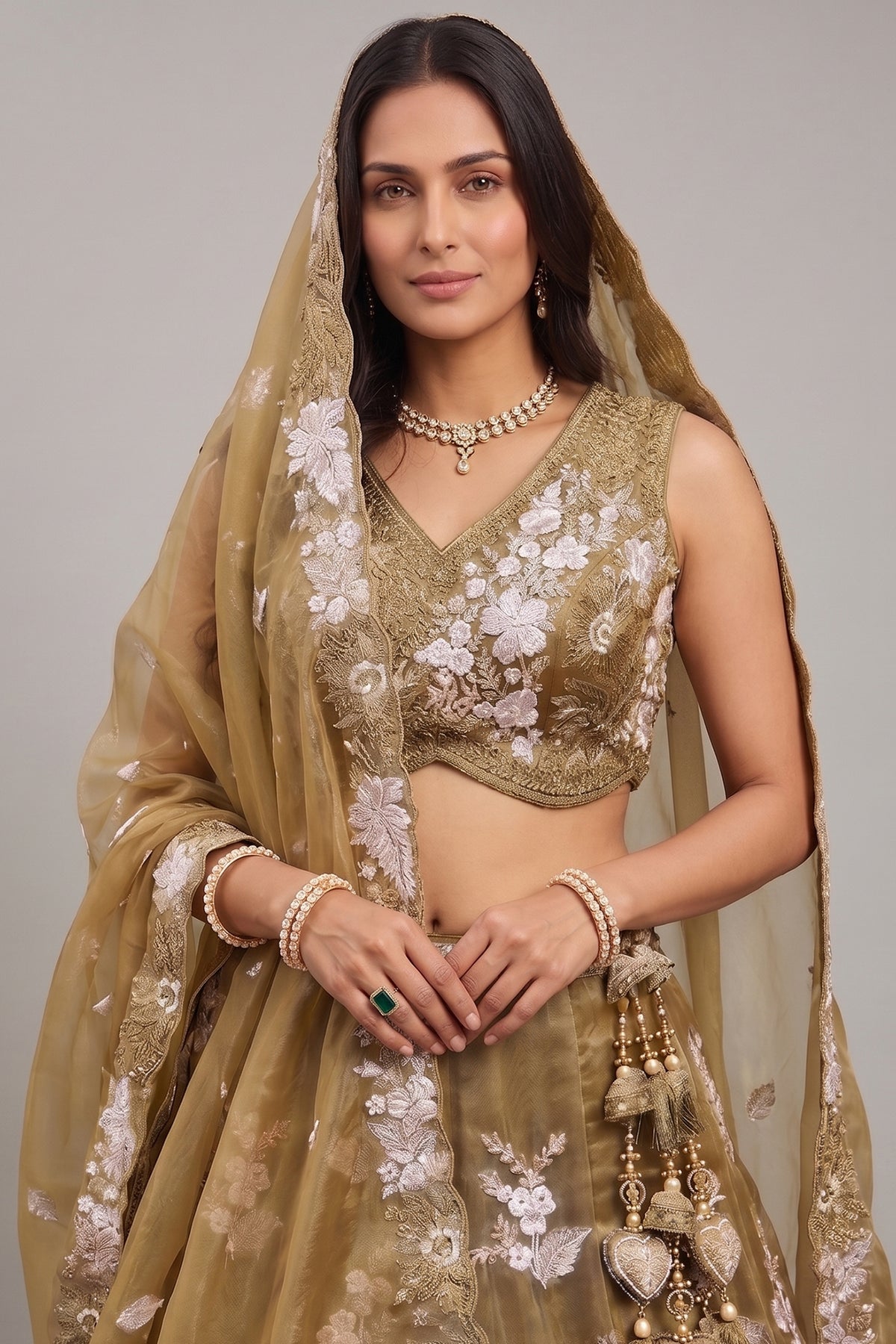 Golden Olive Metallic Tissue Lehenga Choli with Ivory Floral Sequin & Bead Embroidery