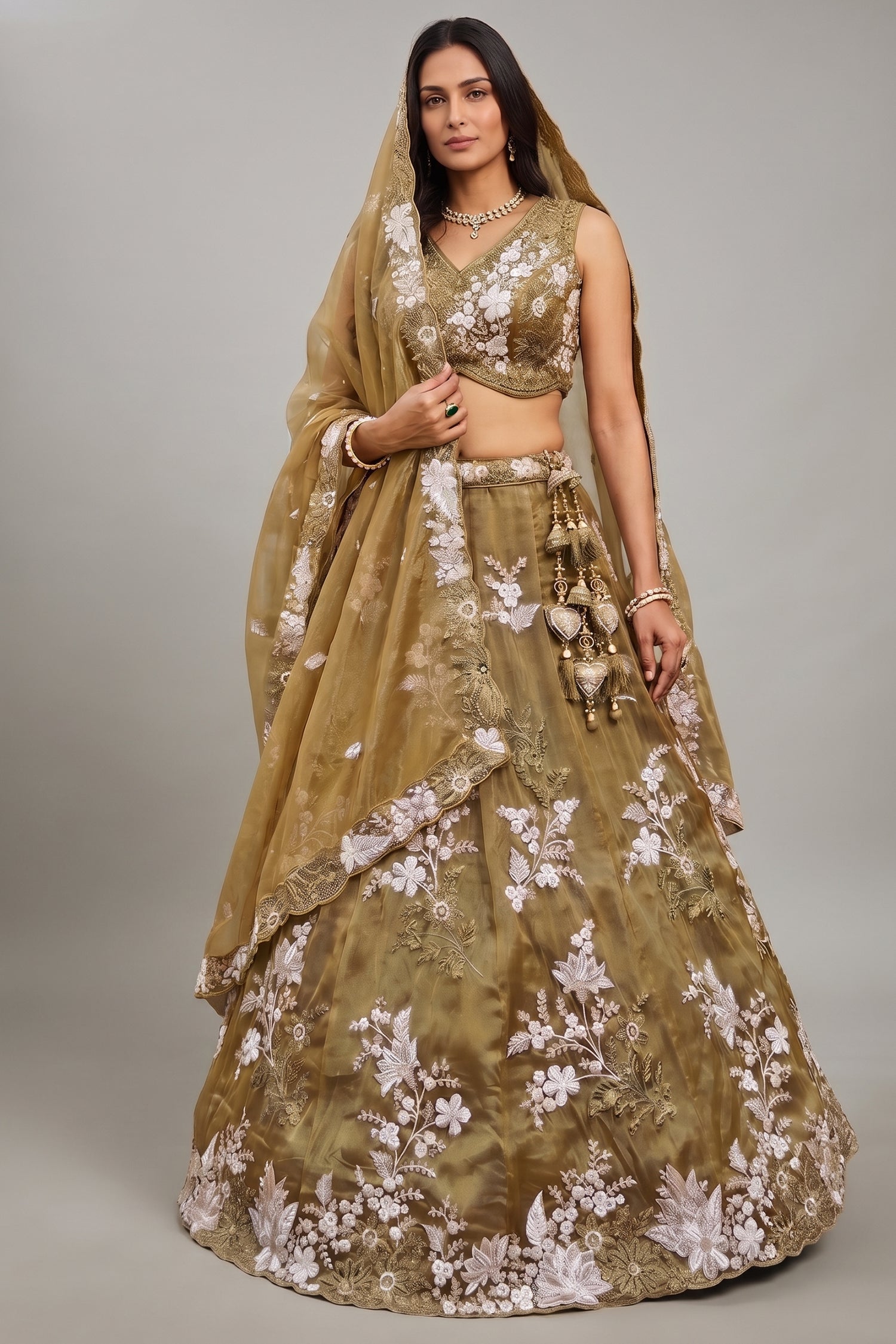 Golden Olive Metallic Tissue Lehenga Choli with Ivory Floral Sequin & Bead Embroidery Main image
