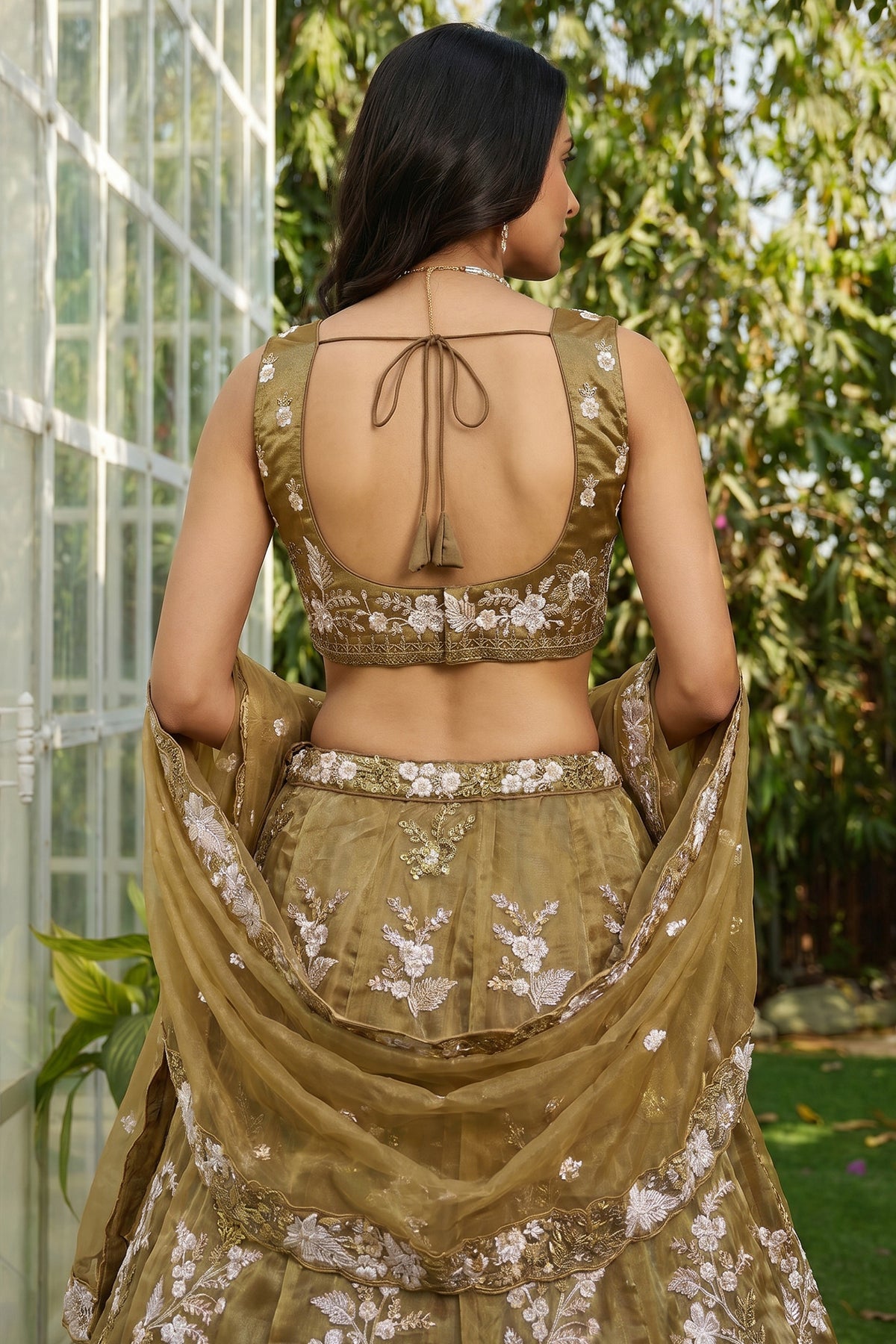 Golden Olive Metallic Tissue Lehenga Choli with Ivory Floral Sequin & Bead Embroidery