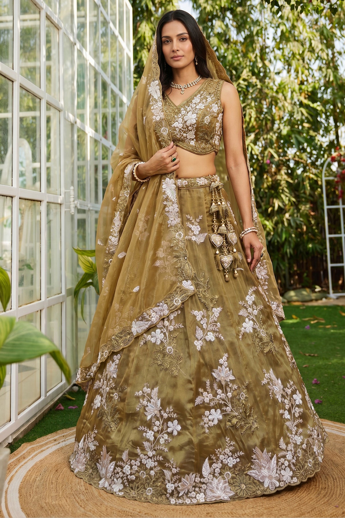 Golden Olive Metallic Tissue Lehenga Choli with Ivory Floral Sequin & Bead Embroidery