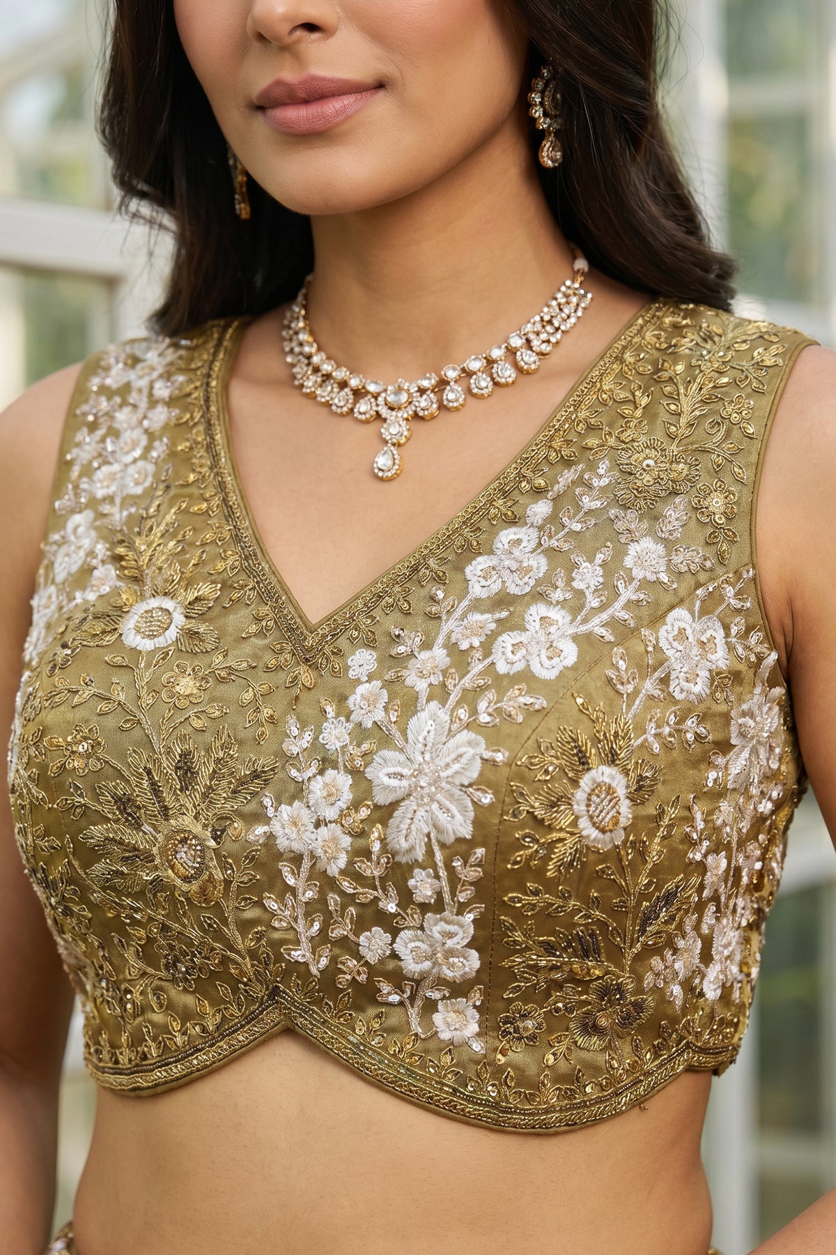 Golden Olive Metallic Tissue Lehenga Choli with Ivory Floral Sequin & Bead Embroidery