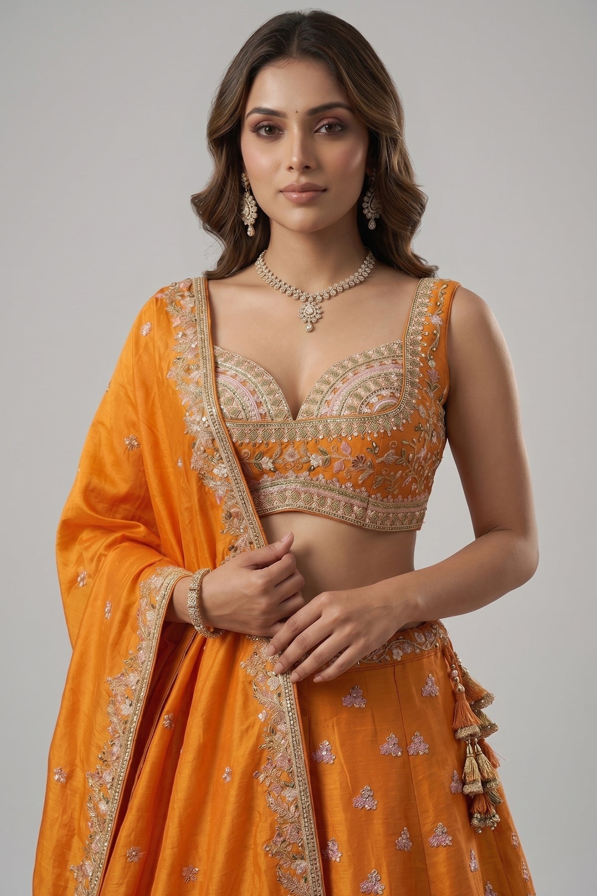 Vibrant Tangerine Orange Tissue Lehenga Choli with Woodland & Peacock Heritage Embroidery
