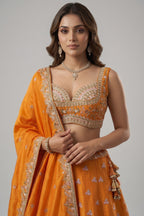 Vibrant Tangerine Orange Tissue Lehenga Choli with Woodland & Peacock Heritage Embroidery