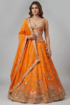 Vibrant Tangerine Orange Tissue Lehenga Choli with Woodland & Peacock Heritage Embroidery