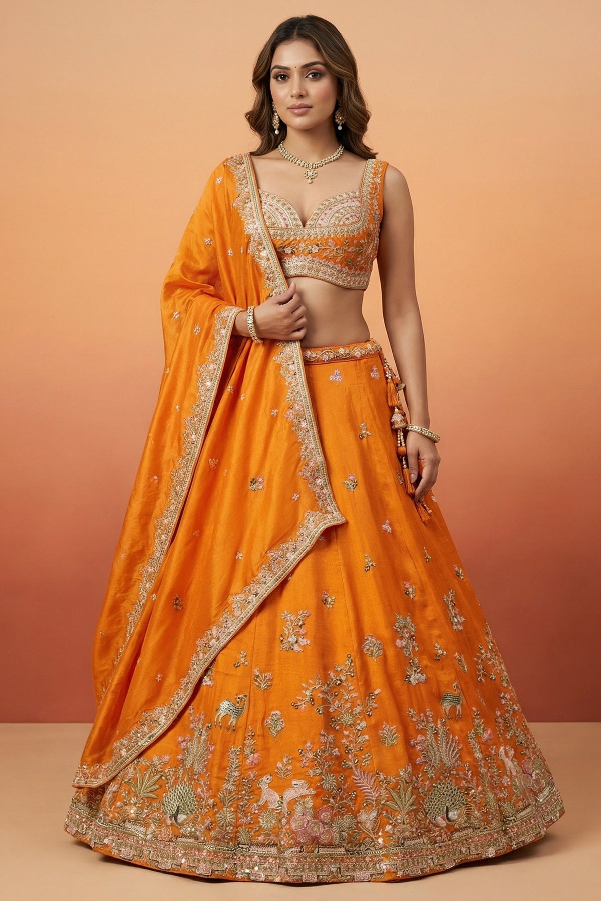 Vibrant Tangerine Orange Tissue Lehenga Choli with Woodland & Peacock Heritage Embroidery