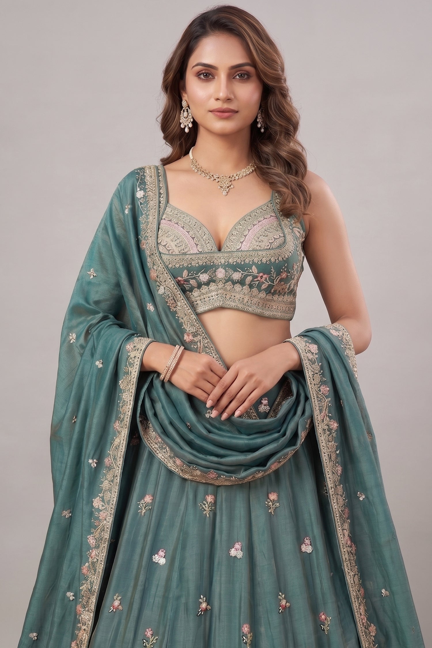 Deep Rama Tissue Lehenga Choli with Scenic Peacock & Animal Motif Embroidery Secondary image