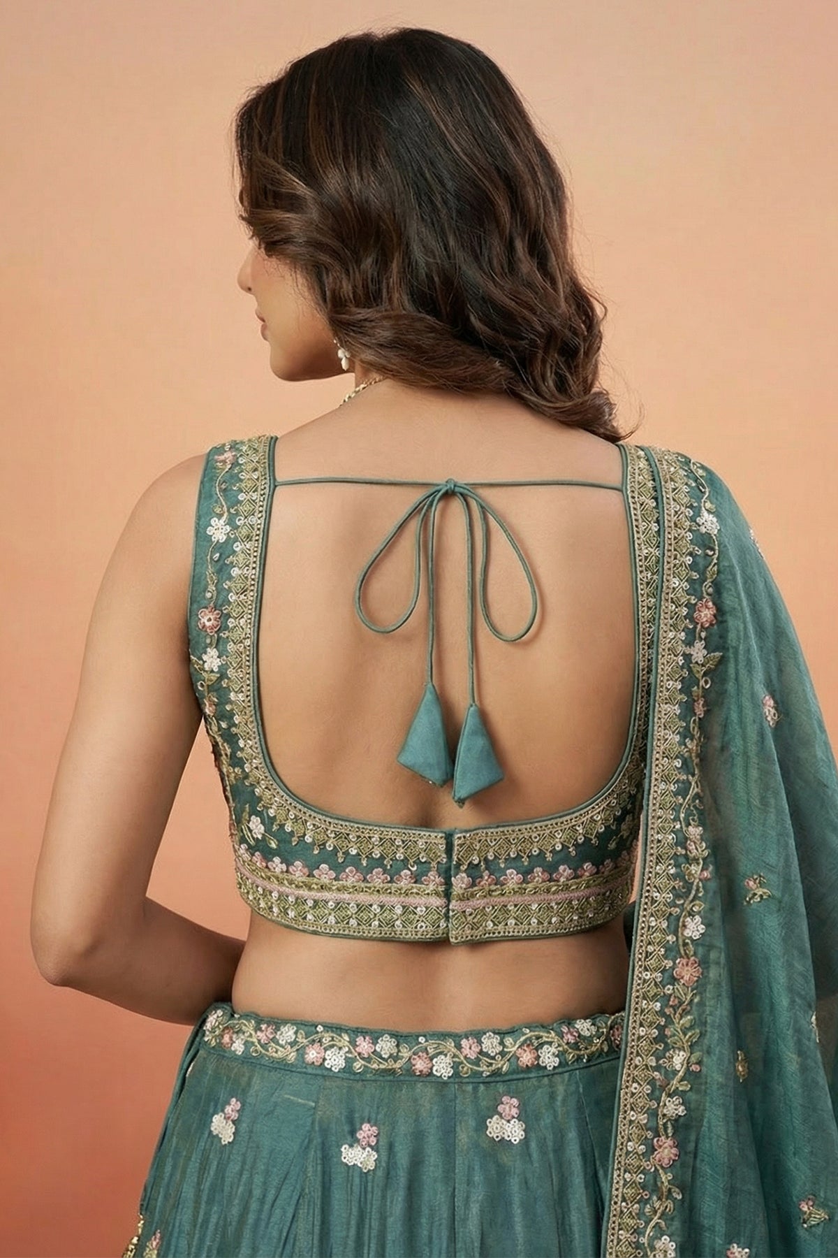 Deep Rama Tissue Lehenga Choli with Scenic Peacock & Animal Motif Embroidery