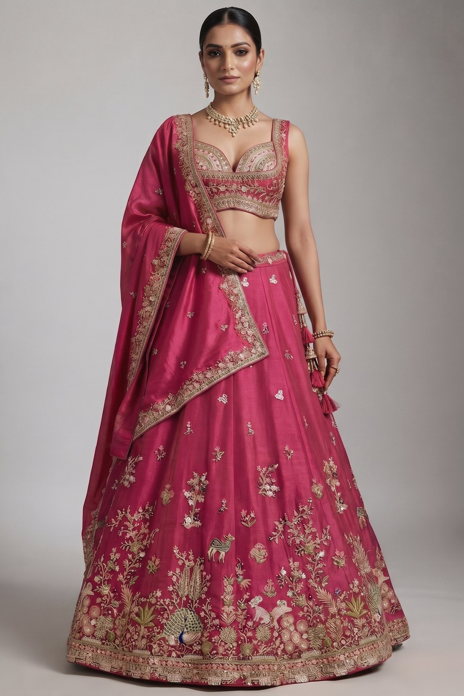 Festive Rani Magenta Tissue Lehenga Choli with Heritage Woodland Embroidery