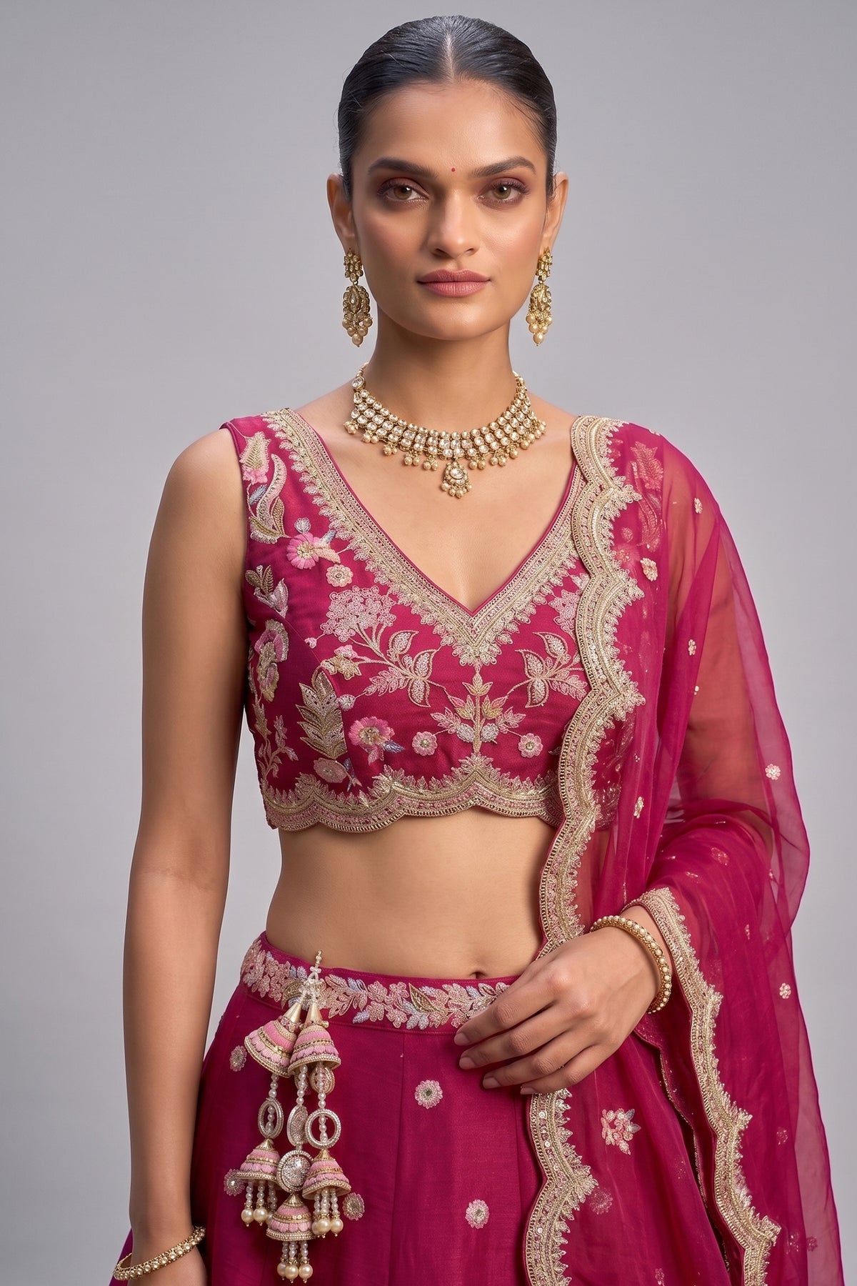 Deep Cherry Red Tissue Lehenga Choli with Pastel Scalloped Floral & Mirror Work