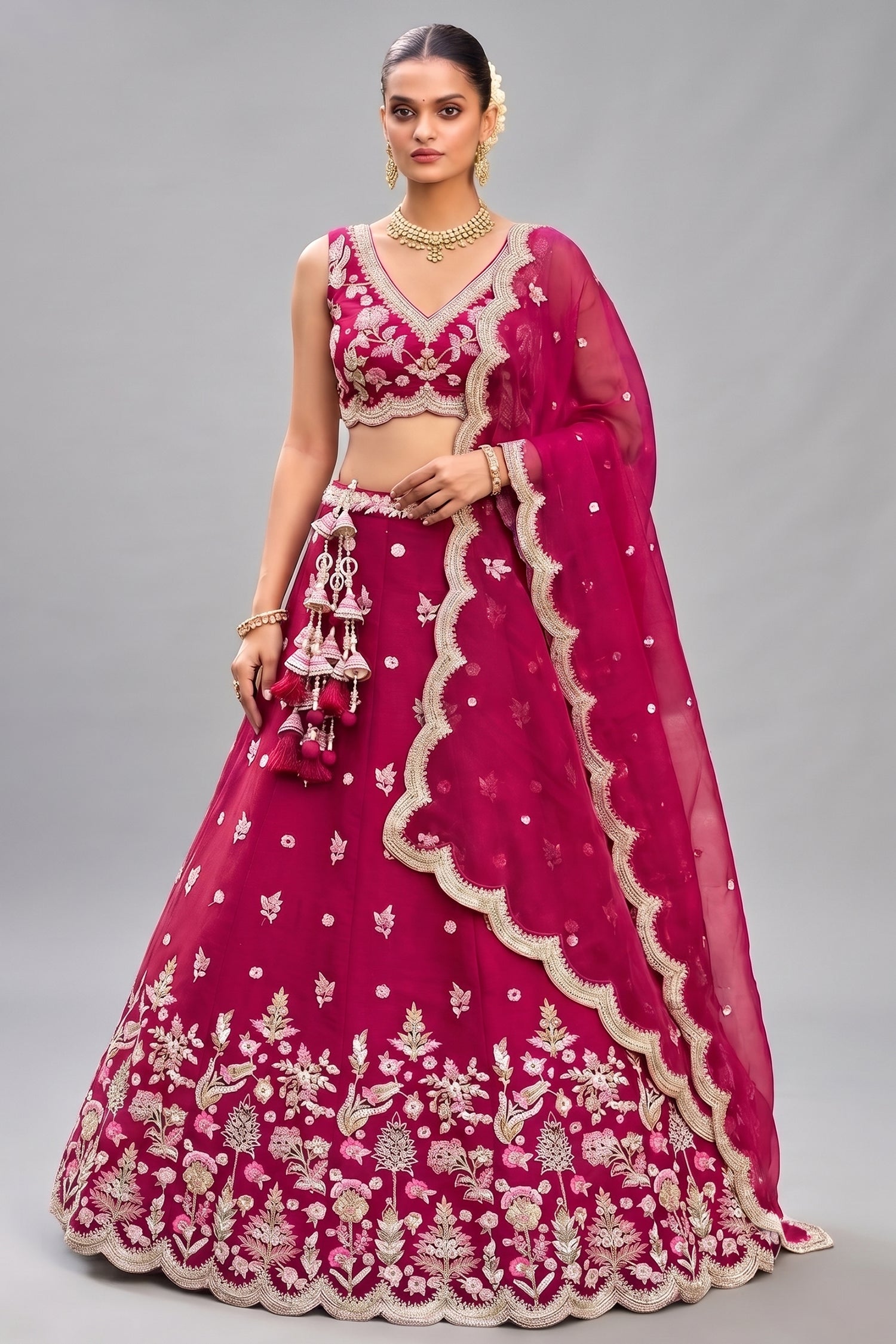 Deep Cherry Red Tissue Lehenga Choli with Pastel Scalloped Floral & Mirror Work Main image