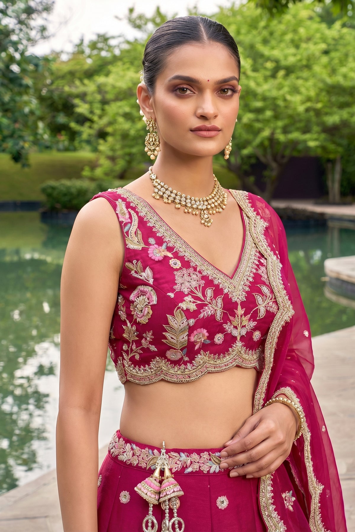 Deep Cherry Red Tissue Lehenga Choli with Pastel Scalloped Floral & Mirror Work