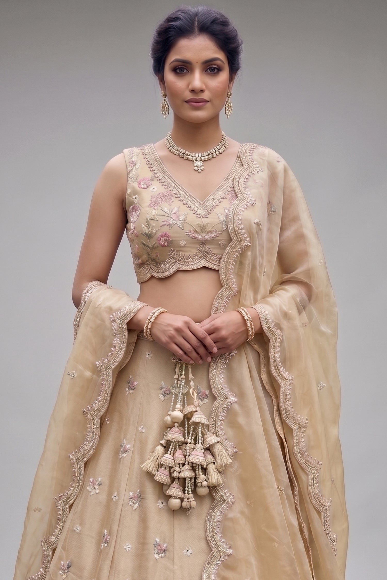 Warm Beige Tissue Lehenga Choli with Pastel Scalloped Mirror Embroidery Secondary image