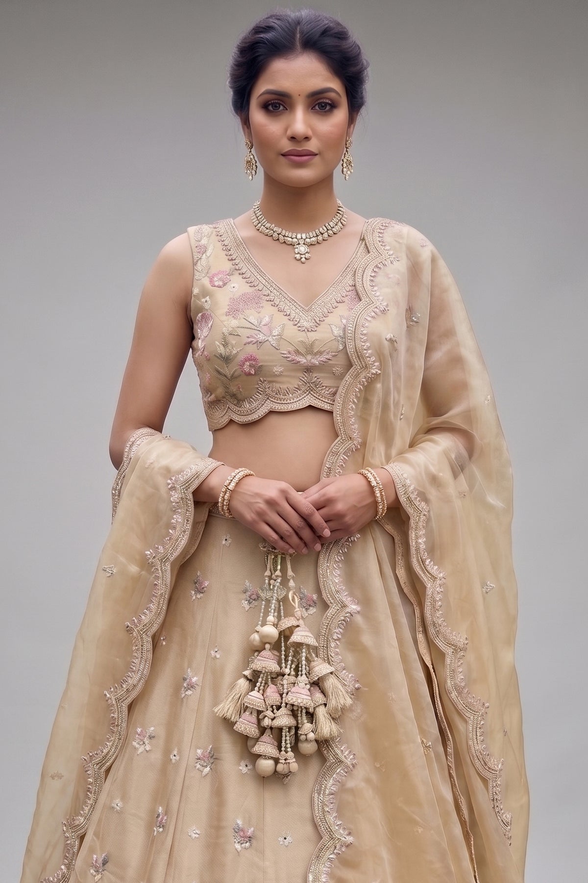 Warm Beige Tissue Lehenga Choli with Pastel Scalloped Mirror Embroidery