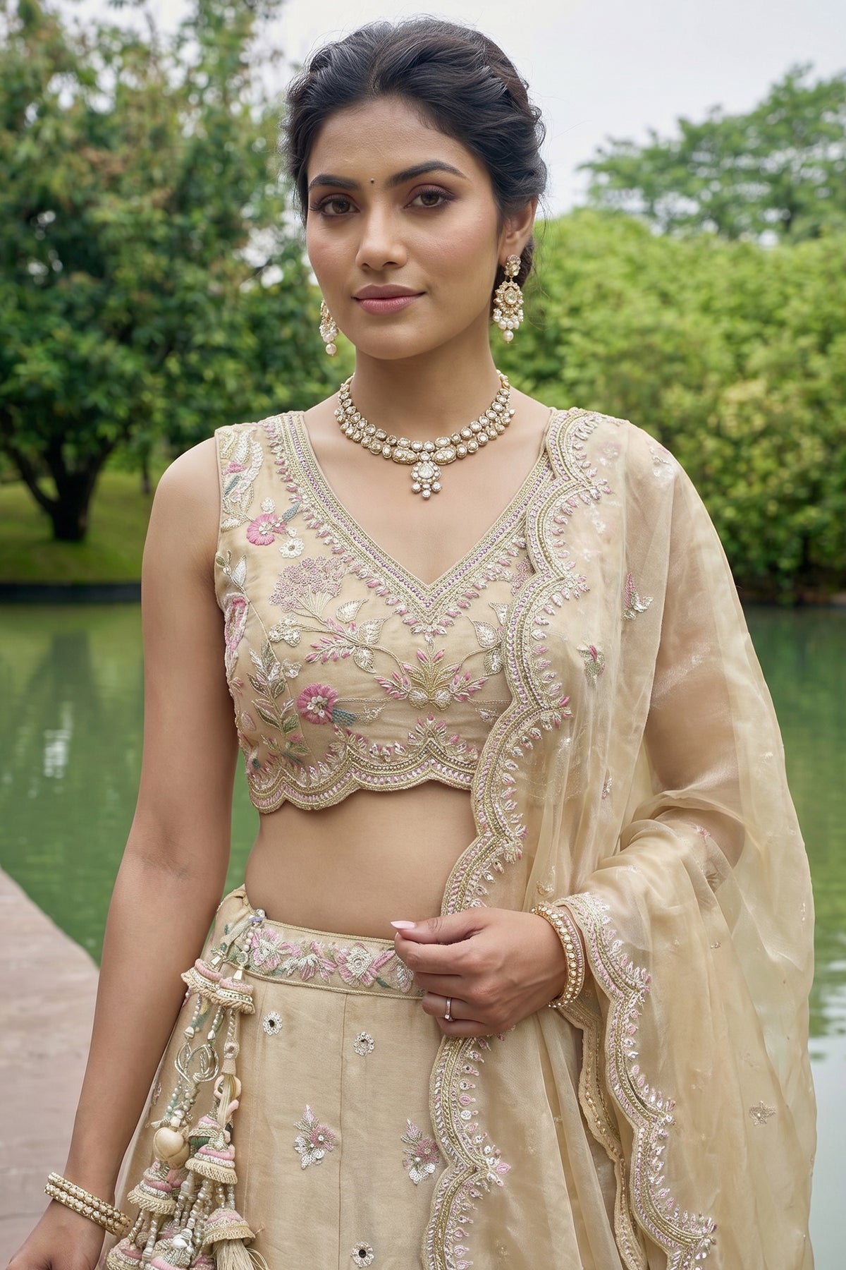 Warm Beige Tissue Lehenga Choli with Pastel Scalloped Mirror Embroidery