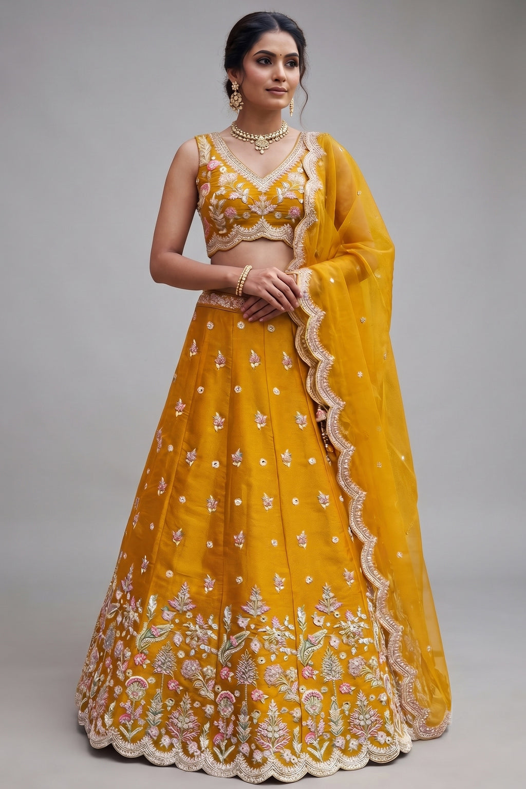Mustard CorCholi-Cut Tissue Lehenga Choli with Pastel Floral & Mirror Work