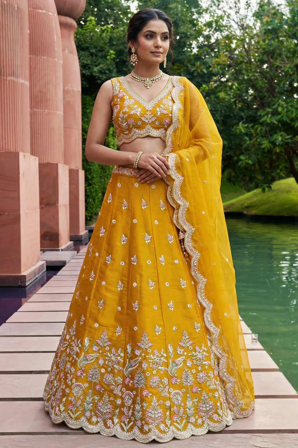 Mustard CorCholi-Cut Tissue Lehenga Choli with Pastel Floral & Mirror Work