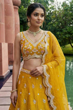 Mustard CorCholi-Cut Tissue Lehenga Choli with Pastel Floral & Mirror Work