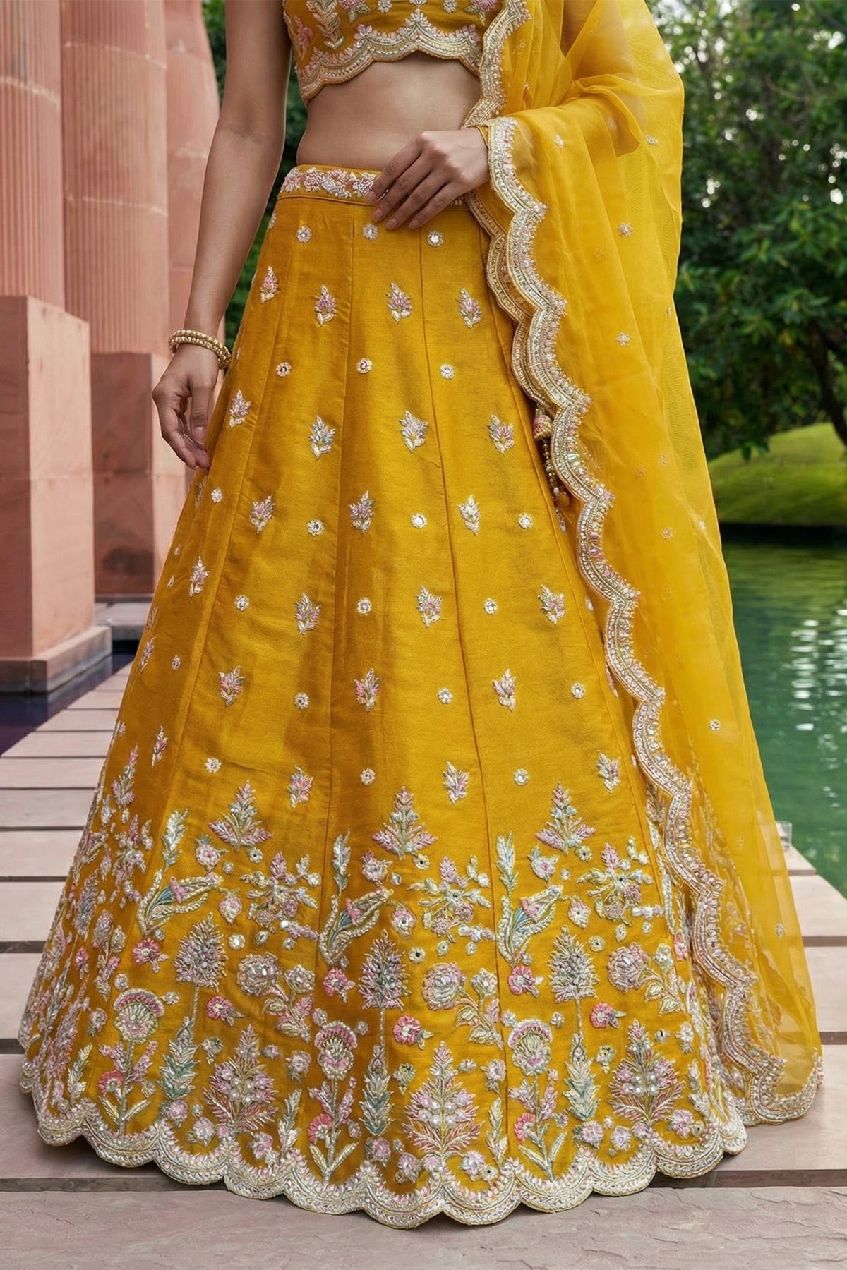 Mustard Tissue Lehenga Choli with Pastel Floral & Mirror Work
