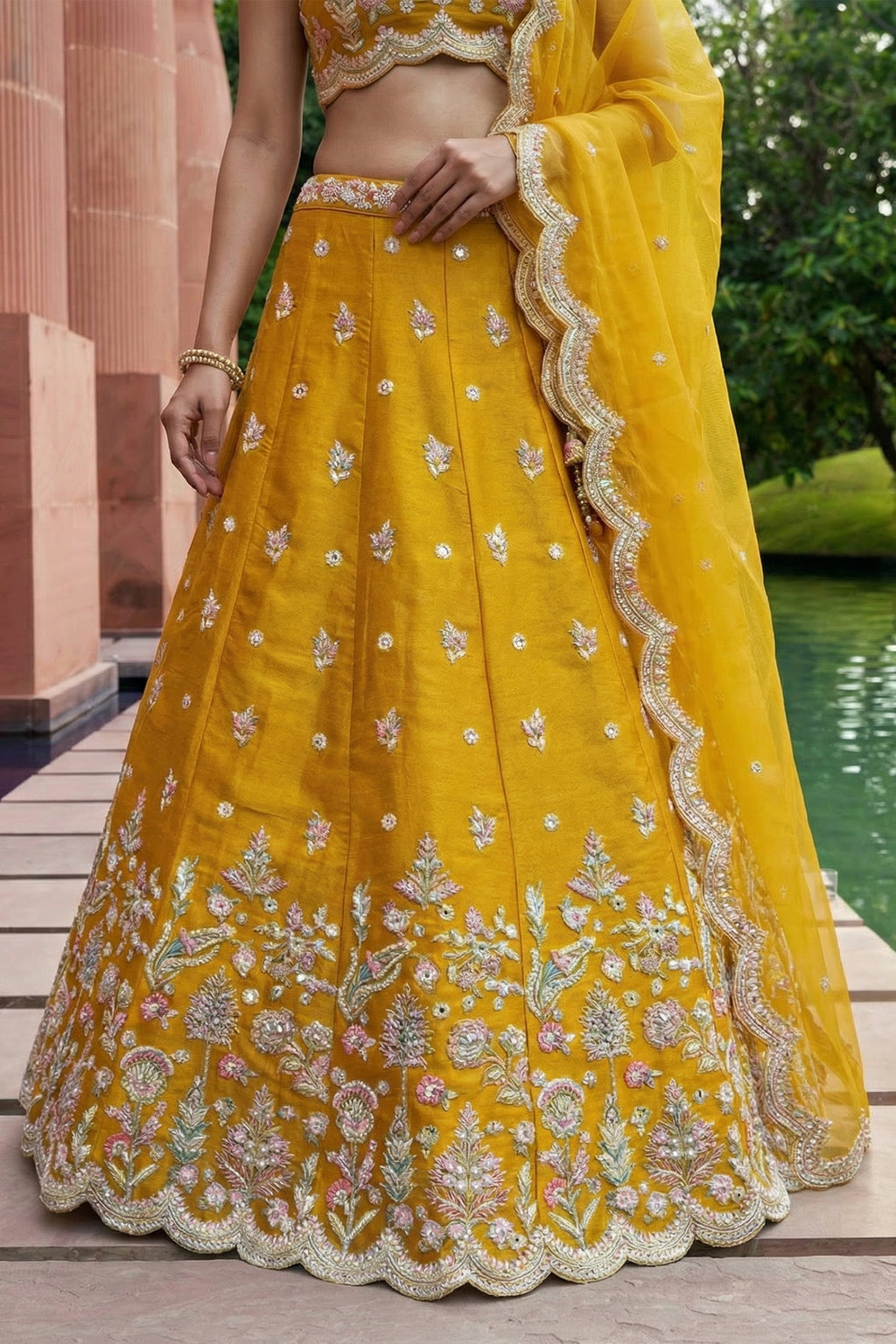 Mustard CorCholi-Cut Tissue Lehenga Choli with Pastel Floral & Mirror Work