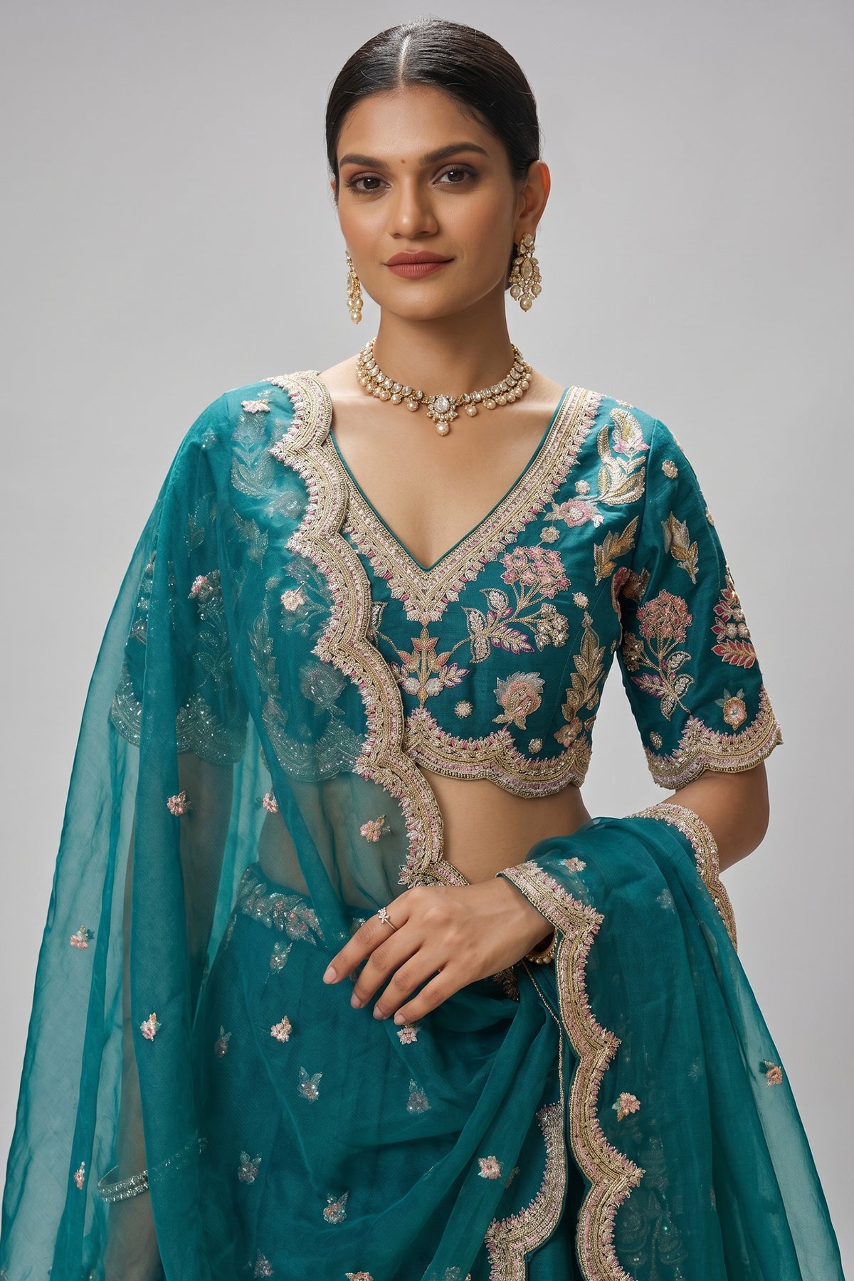 Deep Rama Teal Metallic Tissue Lehenga Choli with Scalloped Mirror & Sequin Embroidery