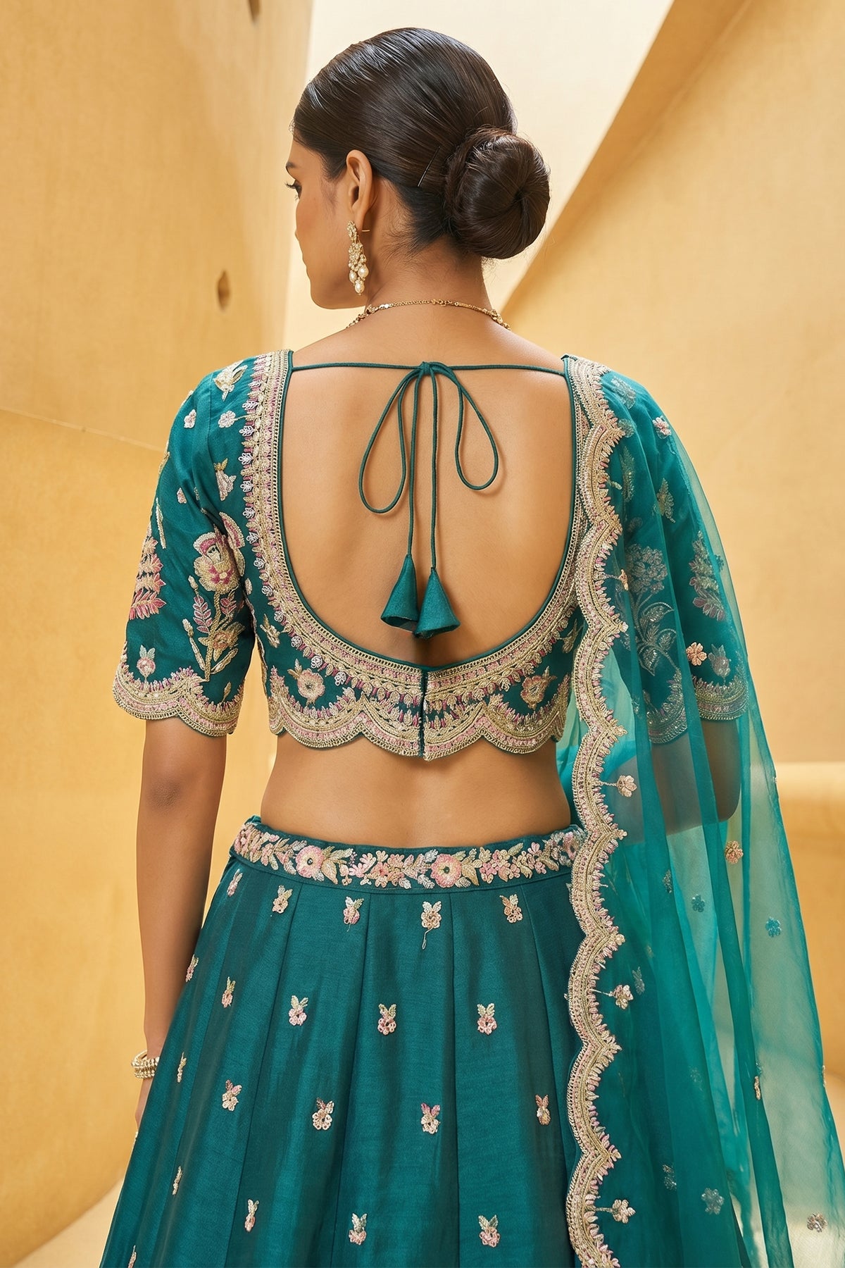 Deep Rama Teal Metallic Tissue Lehenga Choli with Scalloped Mirror & Sequin Embroidery