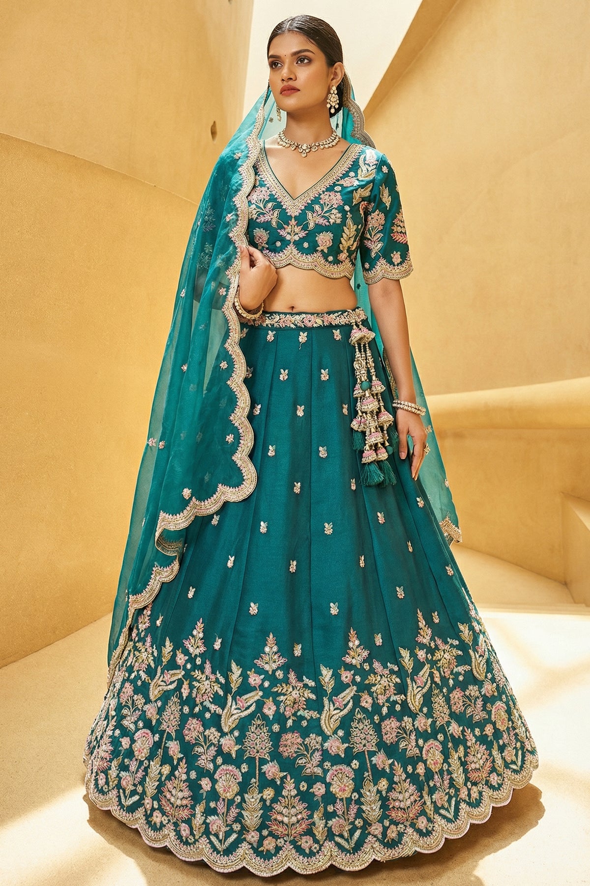 Deep Rama Teal Metallic Tissue Lehenga Choli with Scalloped Mirror & Sequin Embroidery
