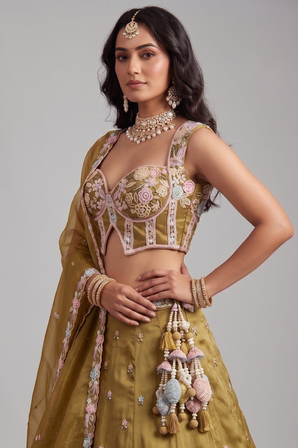 Mustard Olive Metallic Tissue Lehenga Choli with Pearl & Sequin Embroidery
