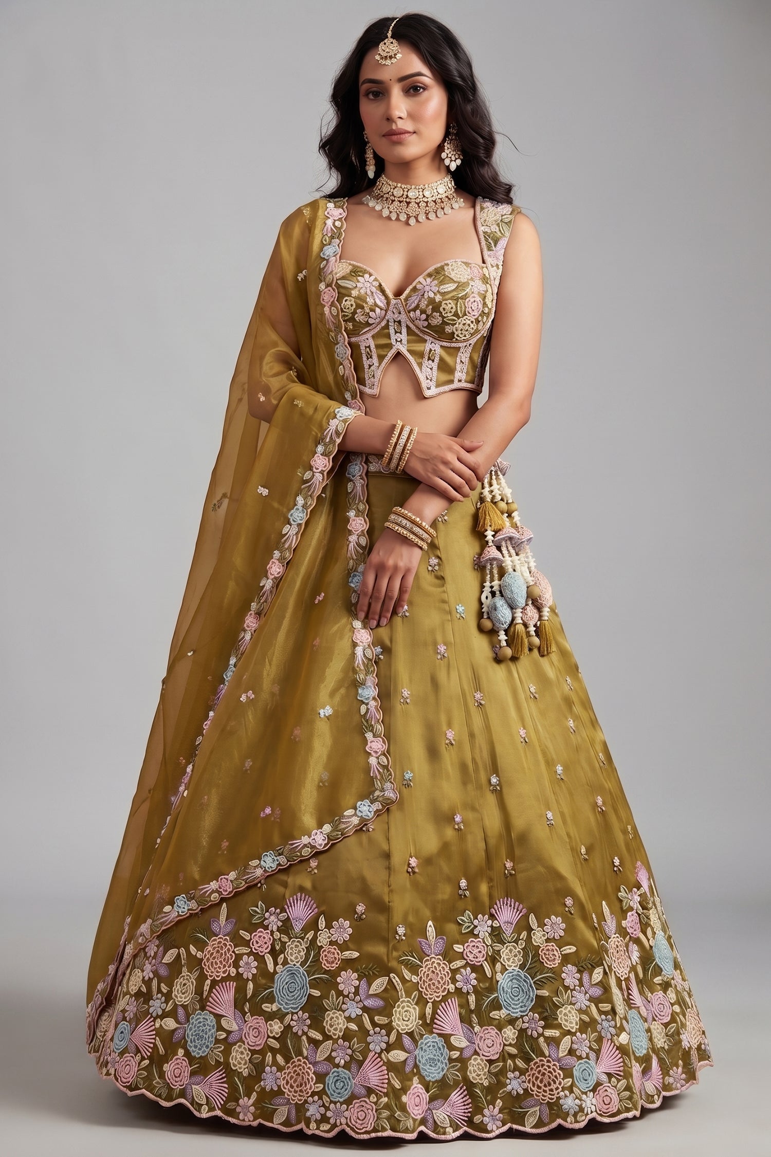 Mustard Olive Metallic Tissue Lehenga Choli with Pearl & Sequin Embroidery Main image