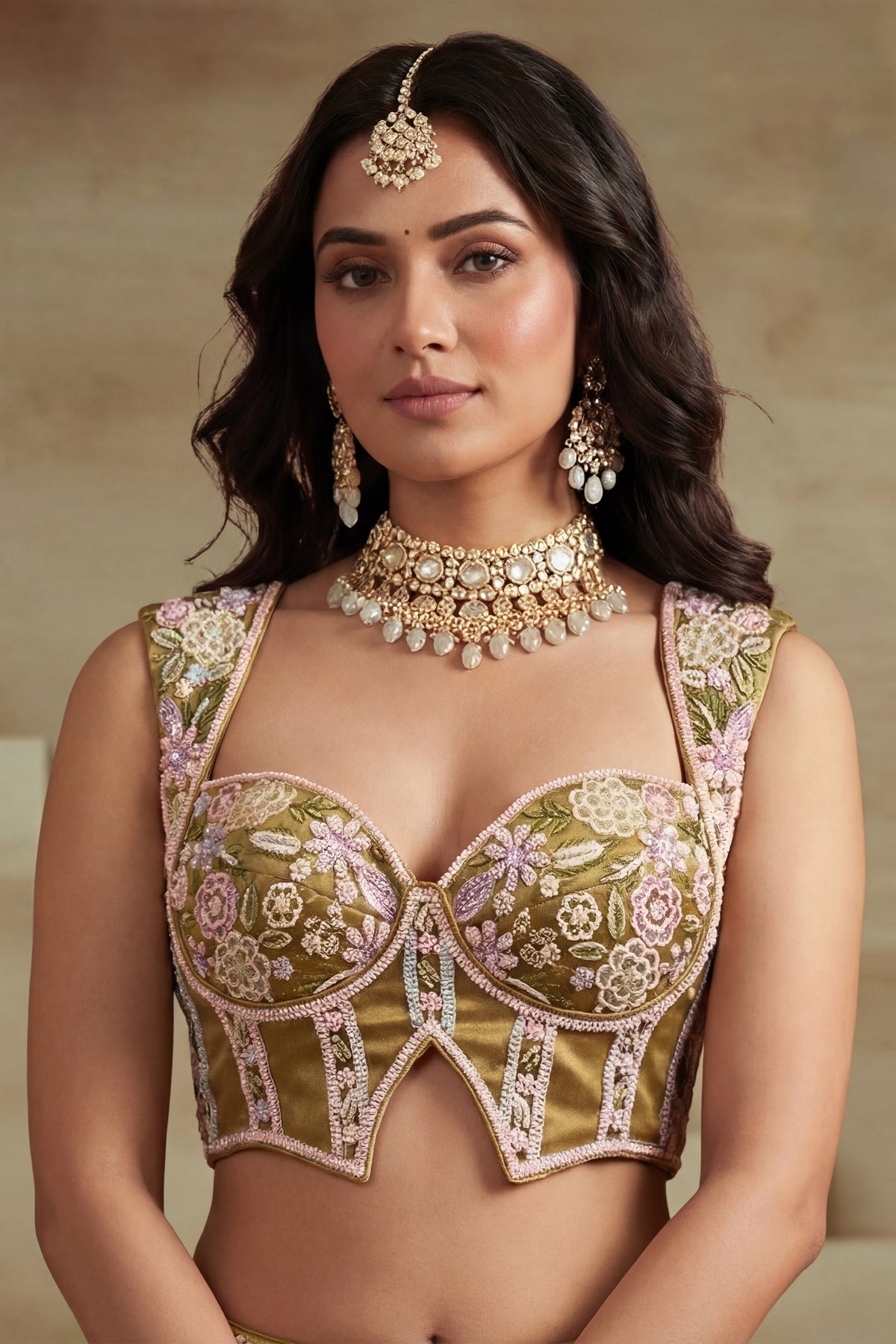 Mustard Olive Metallic Tissue Lehenga Choli with Pearl & Sequin Embroidery