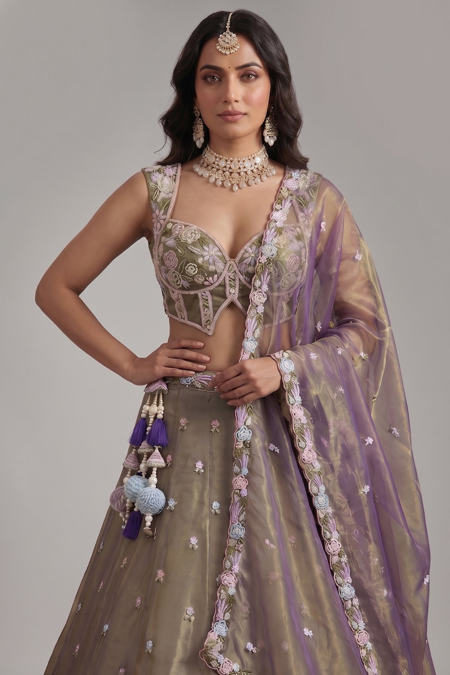 Muted Purple Tissue Multi-Pastel Embroidered Botanical Clusters and Scalloped Lehenga Choli Secondary image