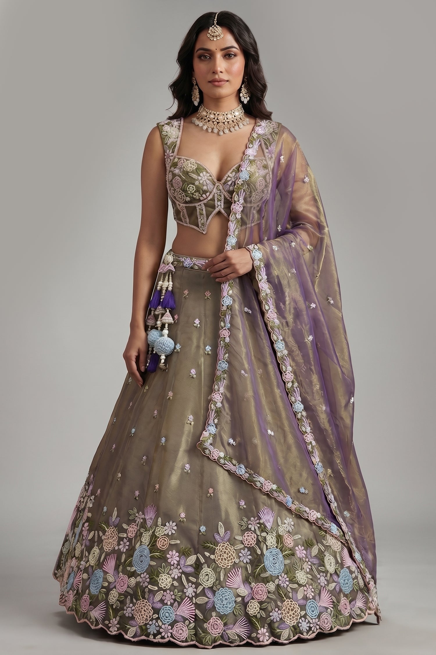 Muted Purple Tissue Multi-Pastel Embroidered Botanical Clusters and Scalloped Lehenga Choli Main image