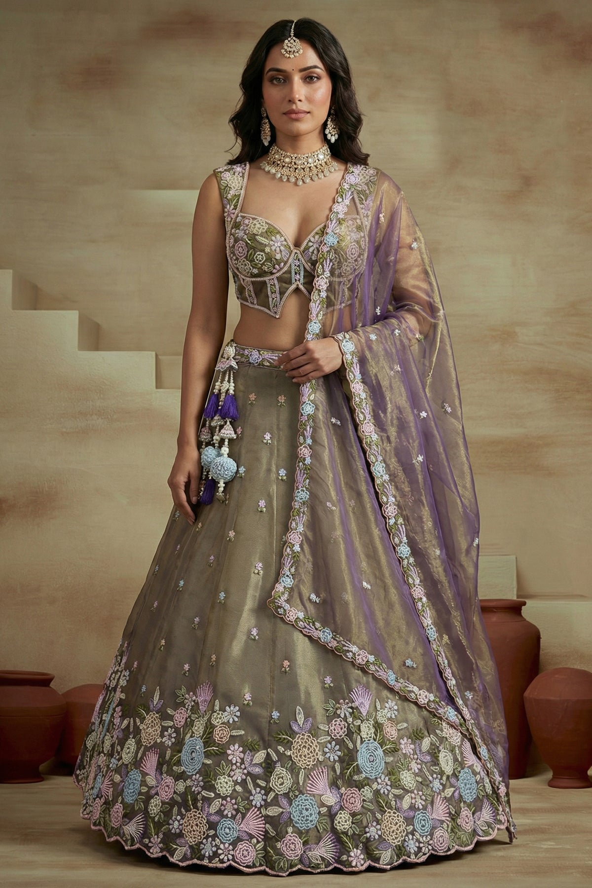 Muted Purple Tissue Multi-Pastel Embroidered Botanical Clusters and Scalloped Lehenga Choli