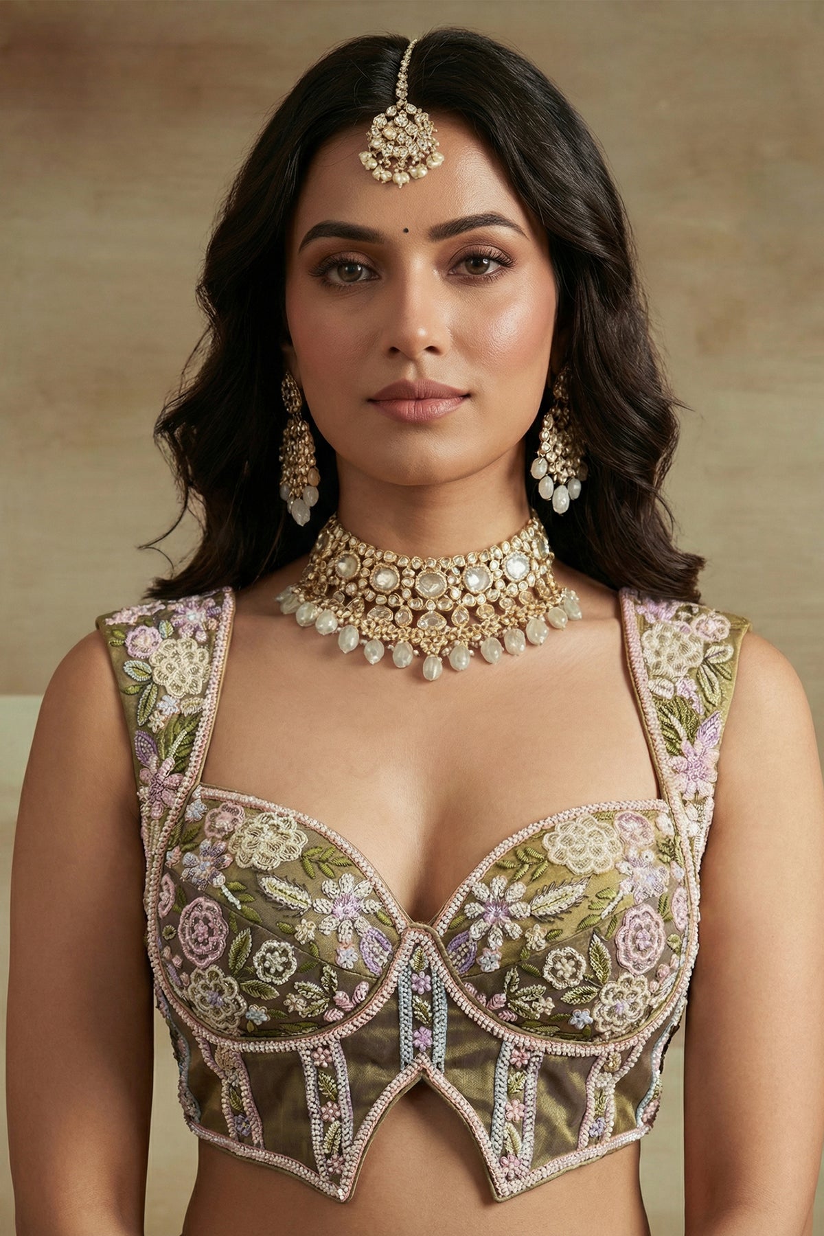 Muted Purple Tissue Multi-Pastel Embroidered Botanical Clusters and Scalloped Lehenga Choli