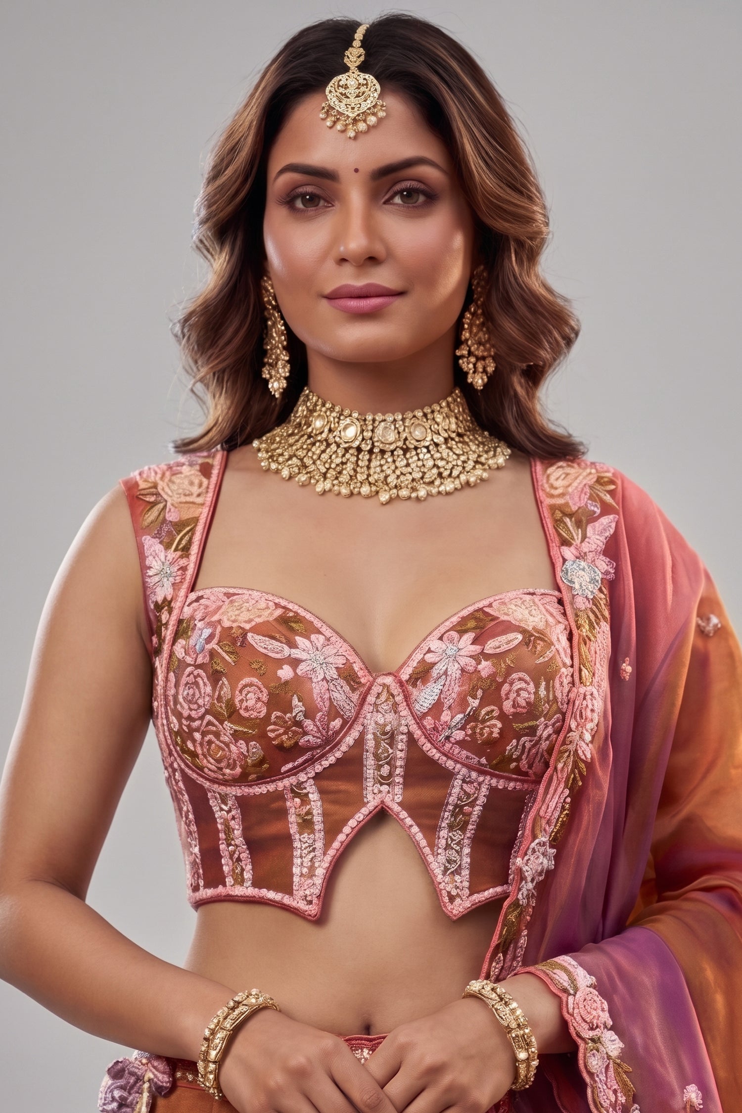 Rust Orange Metallic Tissue Pastel Floral Embroidery Scalloped Lehenga Choli Secondary image
