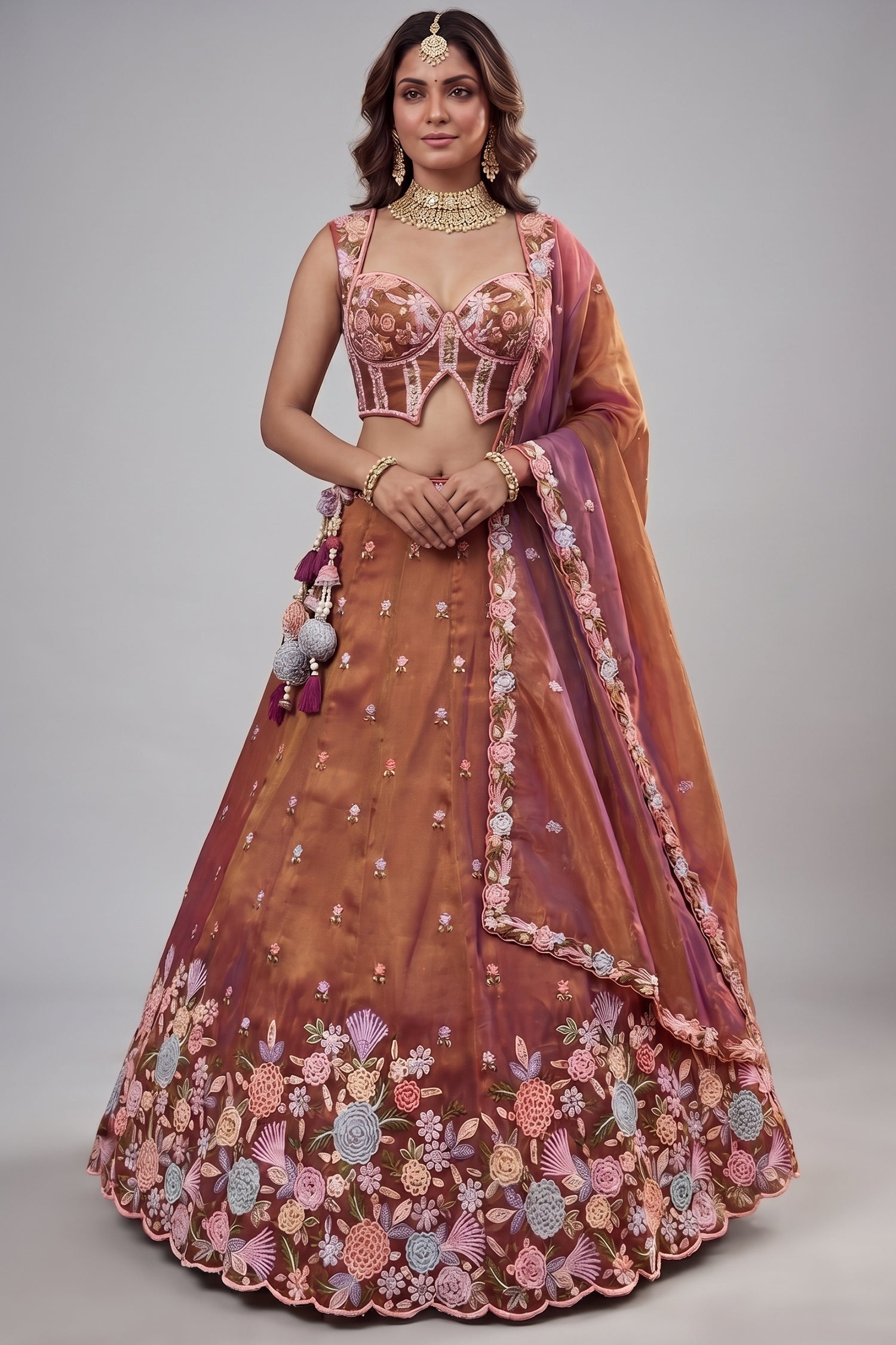 Rust Orange Metallic Tissue Pastel Floral Embroidery Scalloped Lehenga Choli Main image