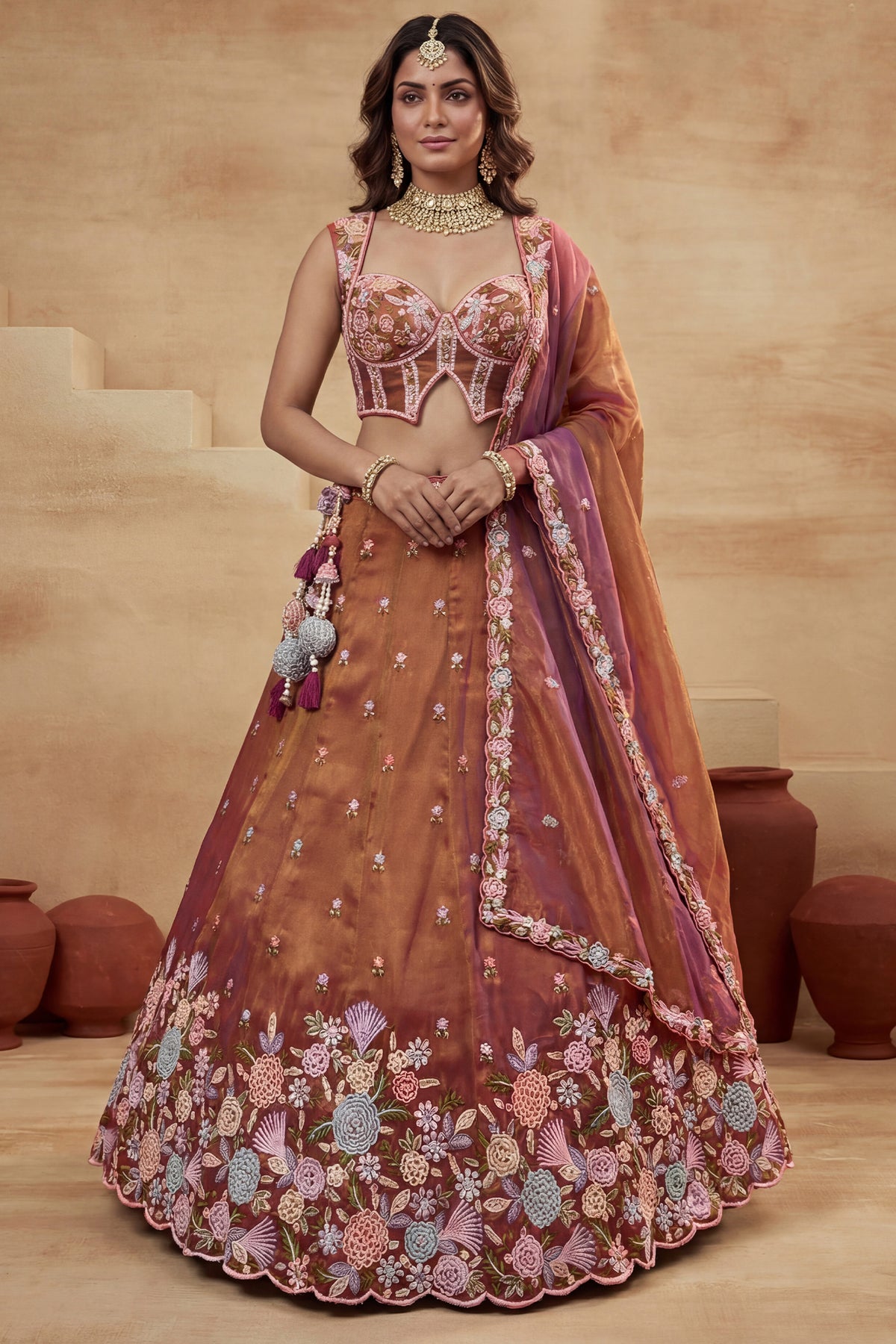 Rust Orange Metallic Tissue Pastel Floral Embroidery Scalloped Lehenga Choli