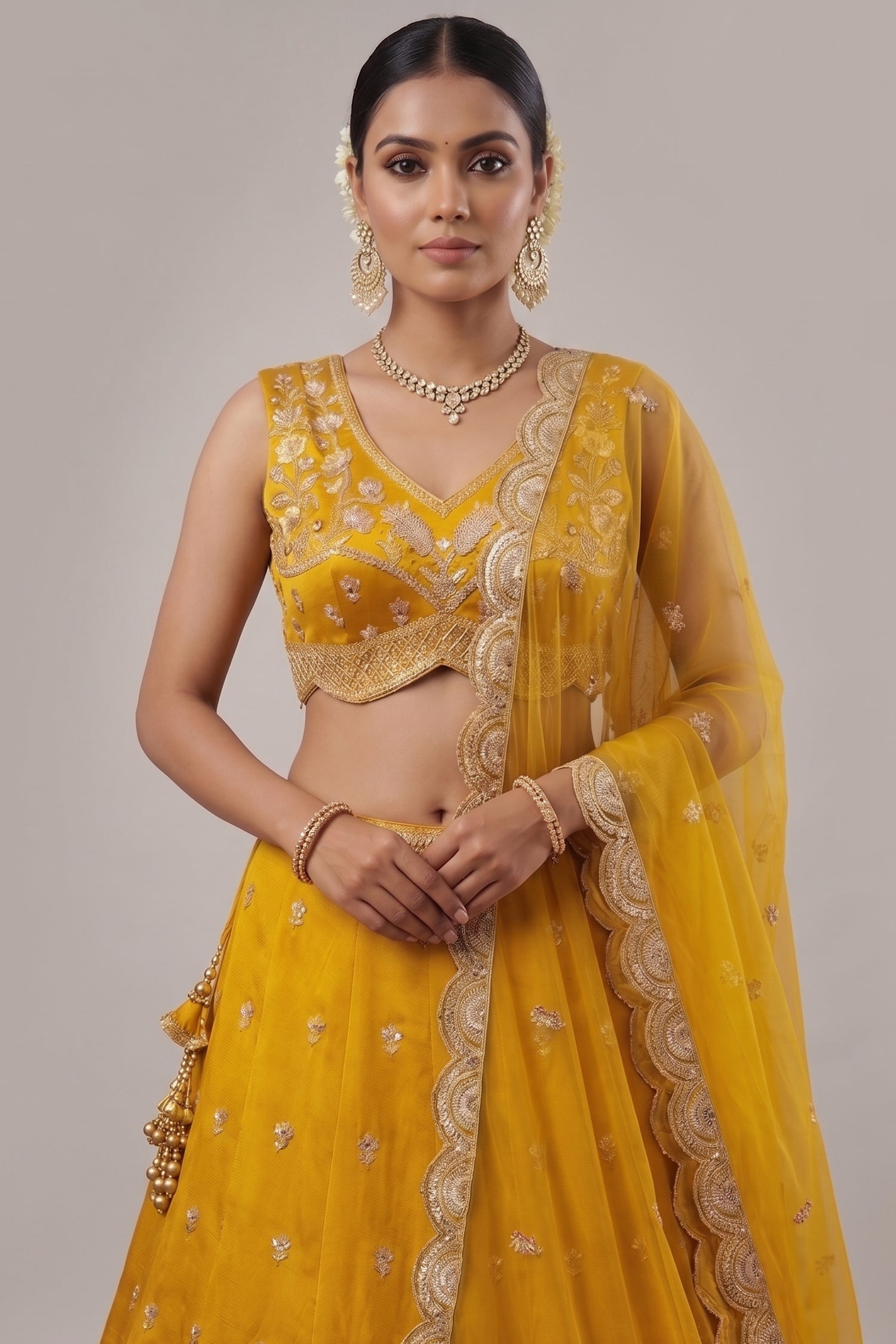 Vibrant Mustard Yellow Chinon Silk Lehenga Choli with Pearl & Sequin Woodland Motifs Secondary image