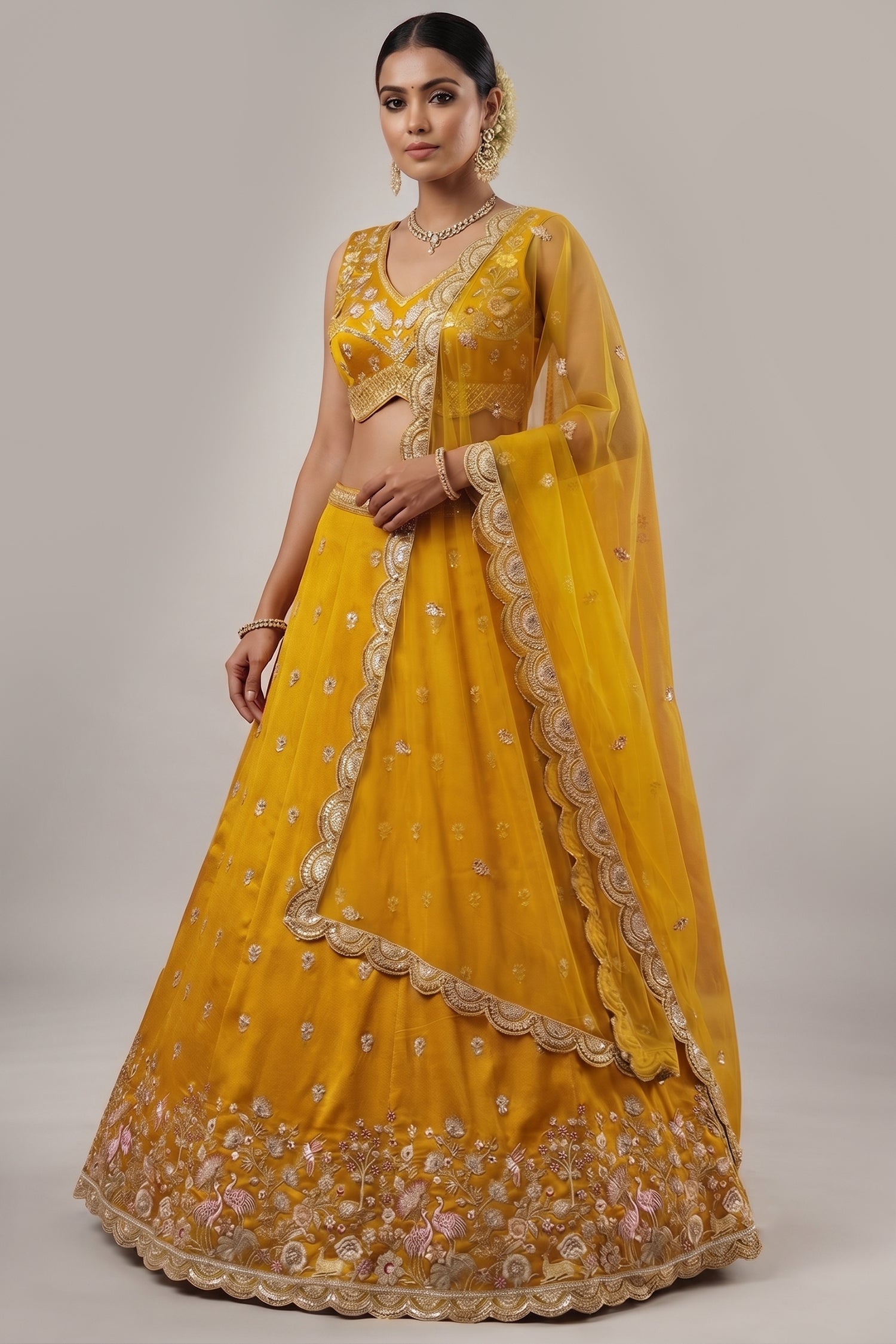 Vibrant Mustard Yellow Chinon Silk Lehenga Choli with Pearl & Sequin Woodland Motifs Main image