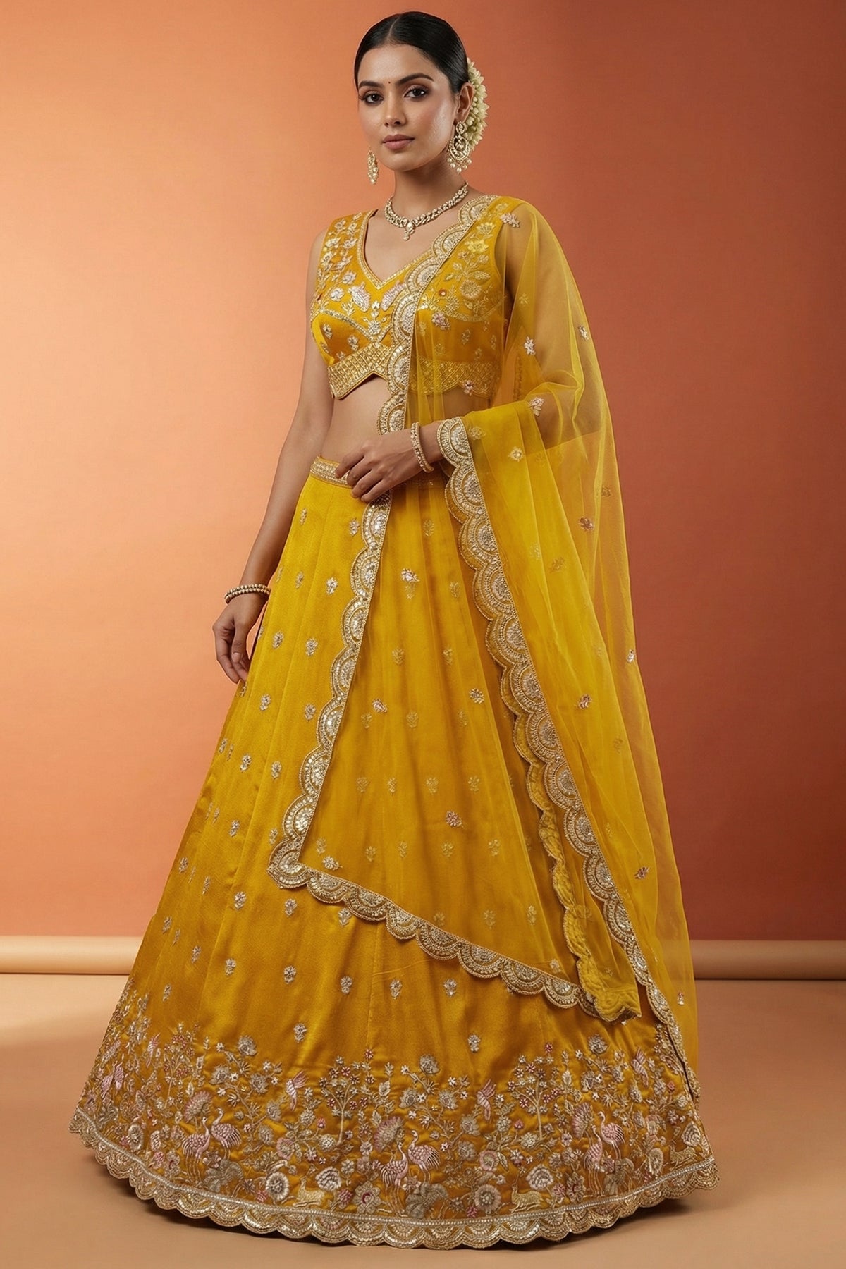 Vibrant Mustard Yellow Chinon Silk Lehenga Choli with Pearl & Sequin Woodland Motifs