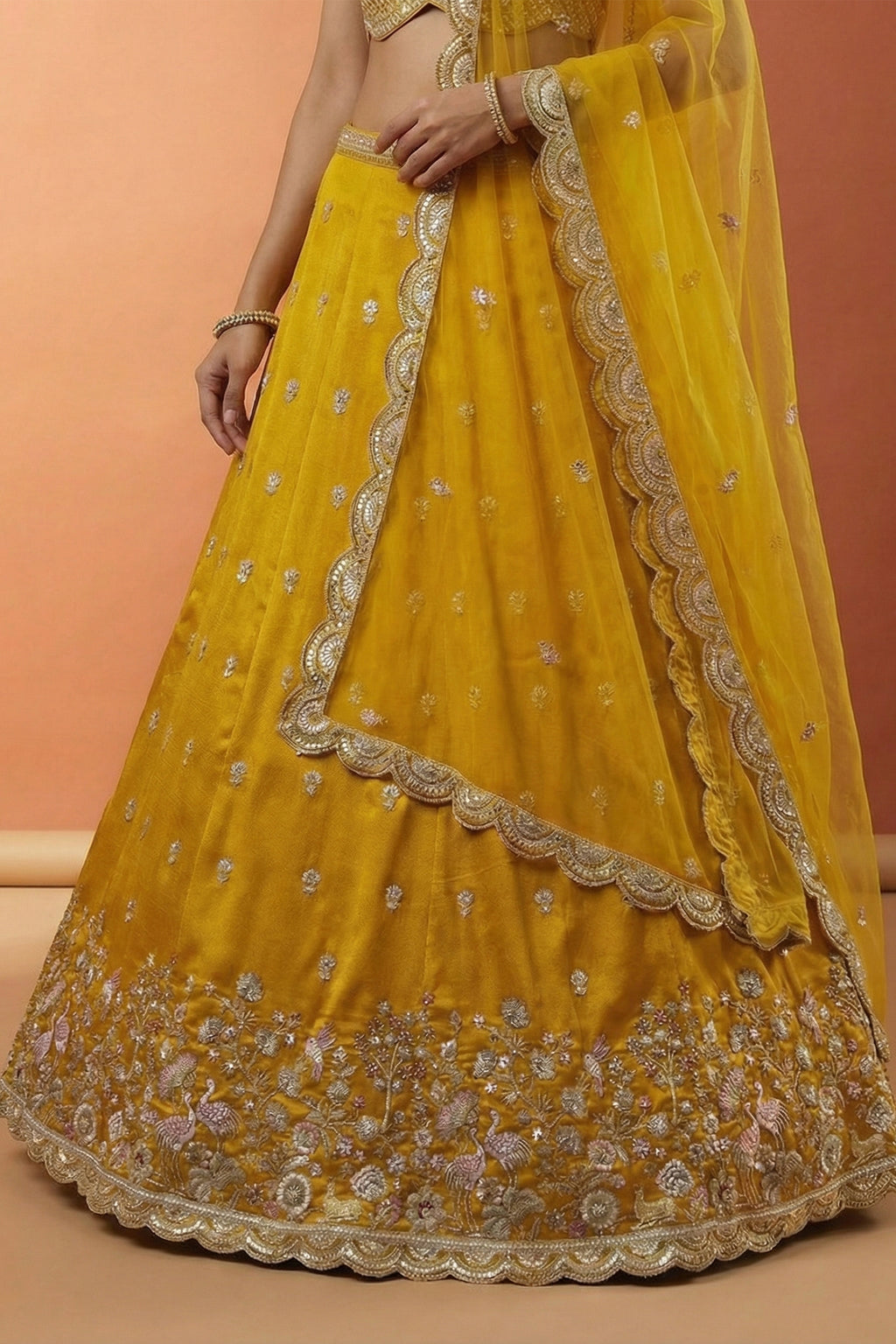 Vibrant Mustard Yellow Chinon Silk Lehenga Choli with Pearl & Sequin Woodland Motifs