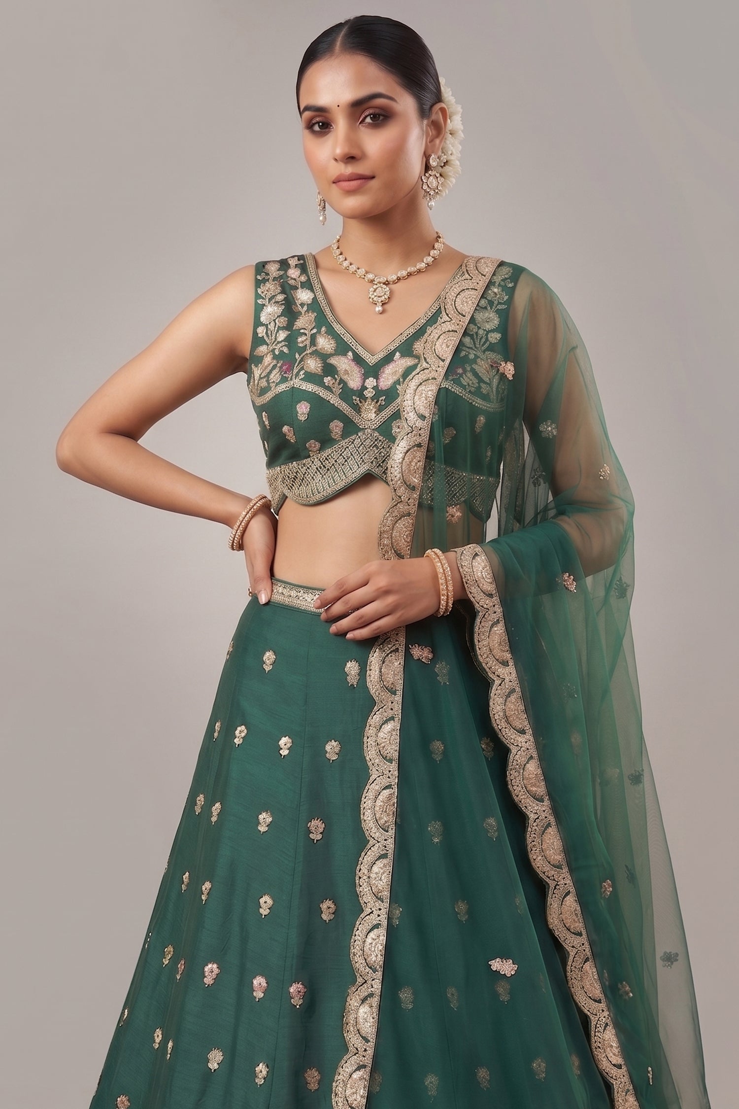 Deep Rama Green Chinon Silk Lehenga Choli with Pearl & Sequin Woodland Motifs Secondary image