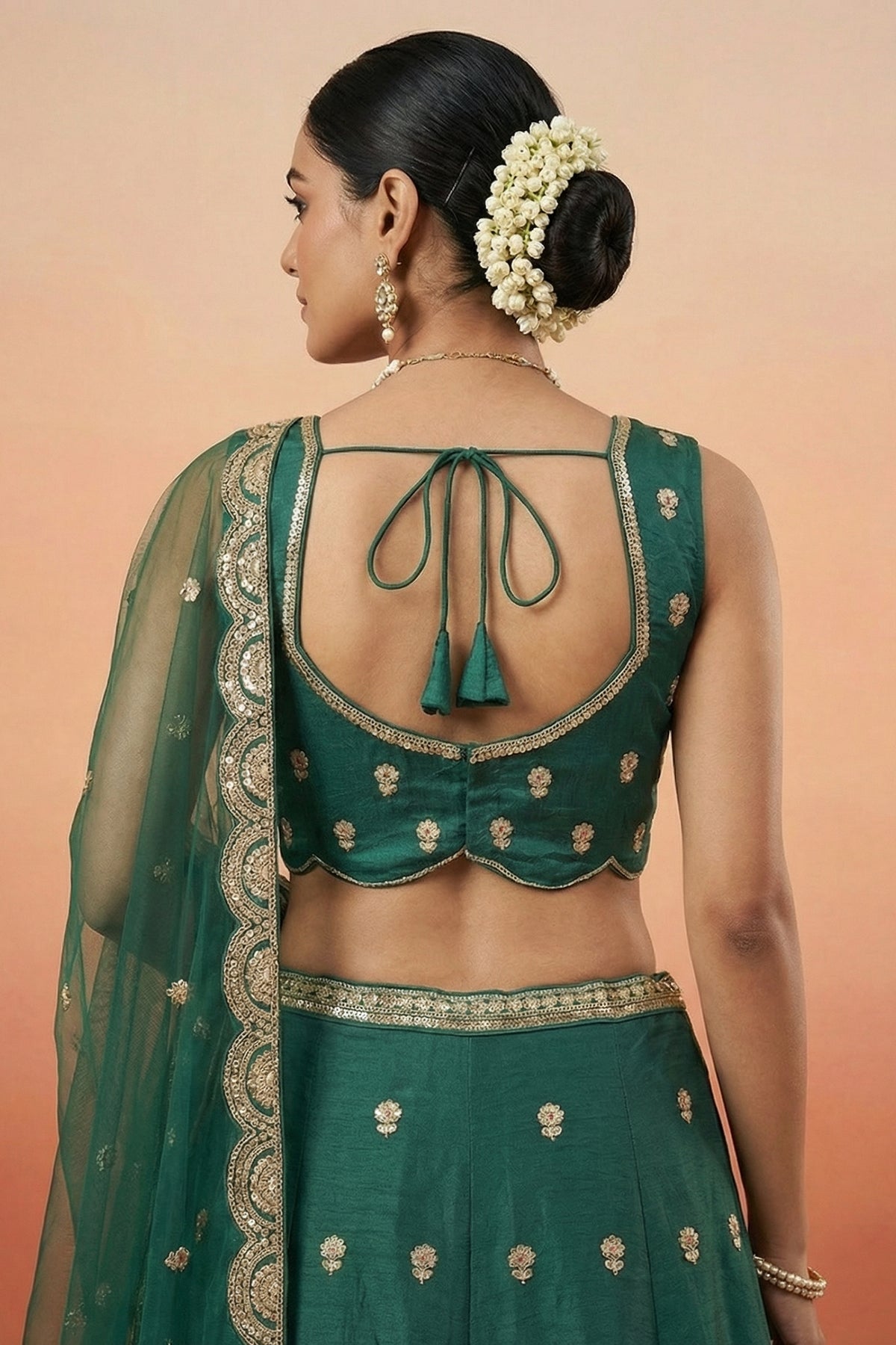 Deep Rama Green Chinon Silk Lehenga Choli with Pearl & Sequin Woodland Motifs