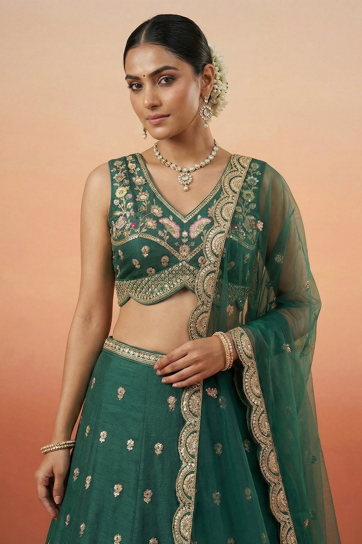 Deep Rama Green Chinon Silk Lehenga Choli with Pearl & Sequin Woodland Motifs