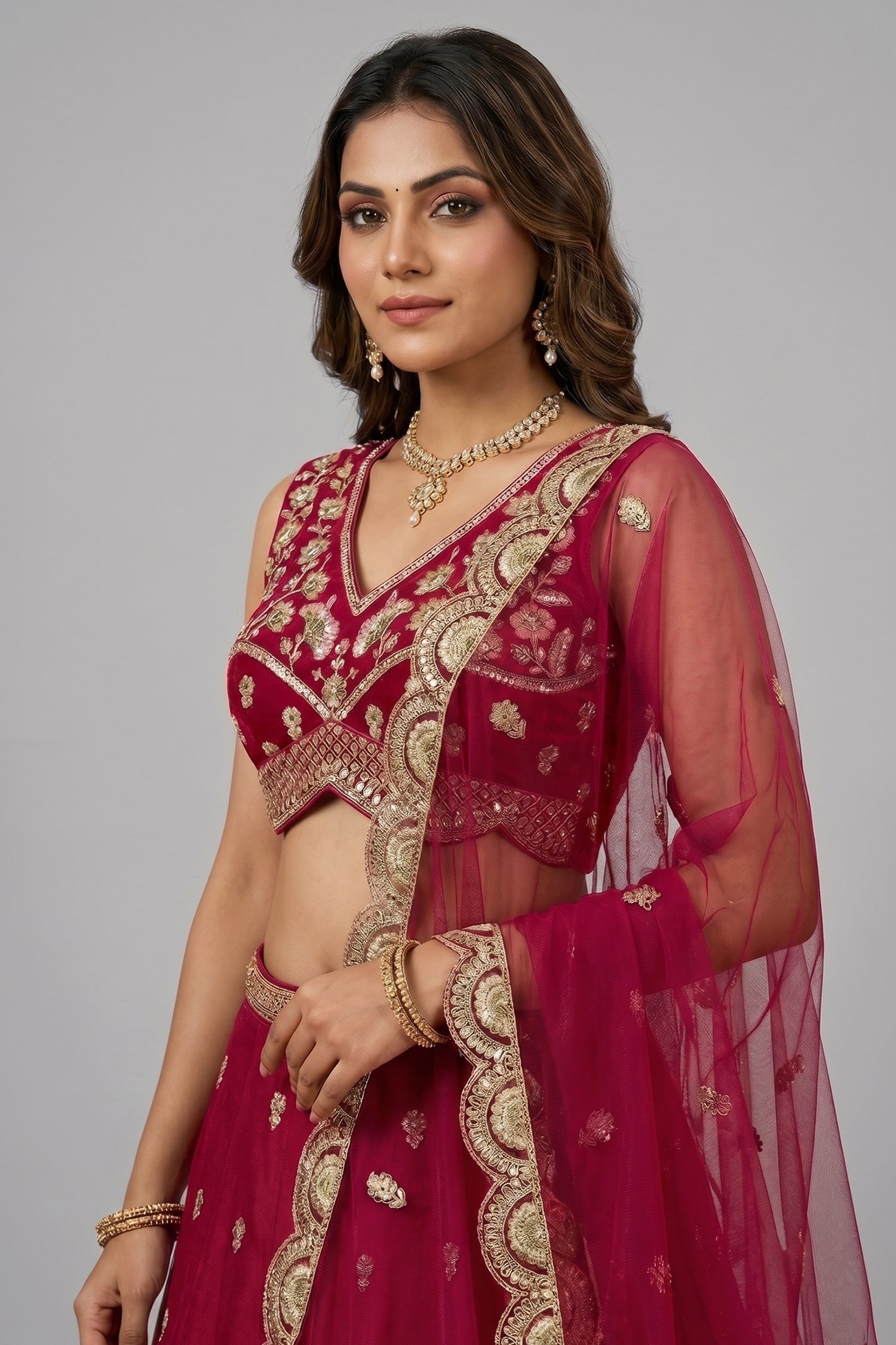 Dark Pink Chinon Silk Lehenga Choli with Pearl & Sequin Woodland Motifs Secondary image