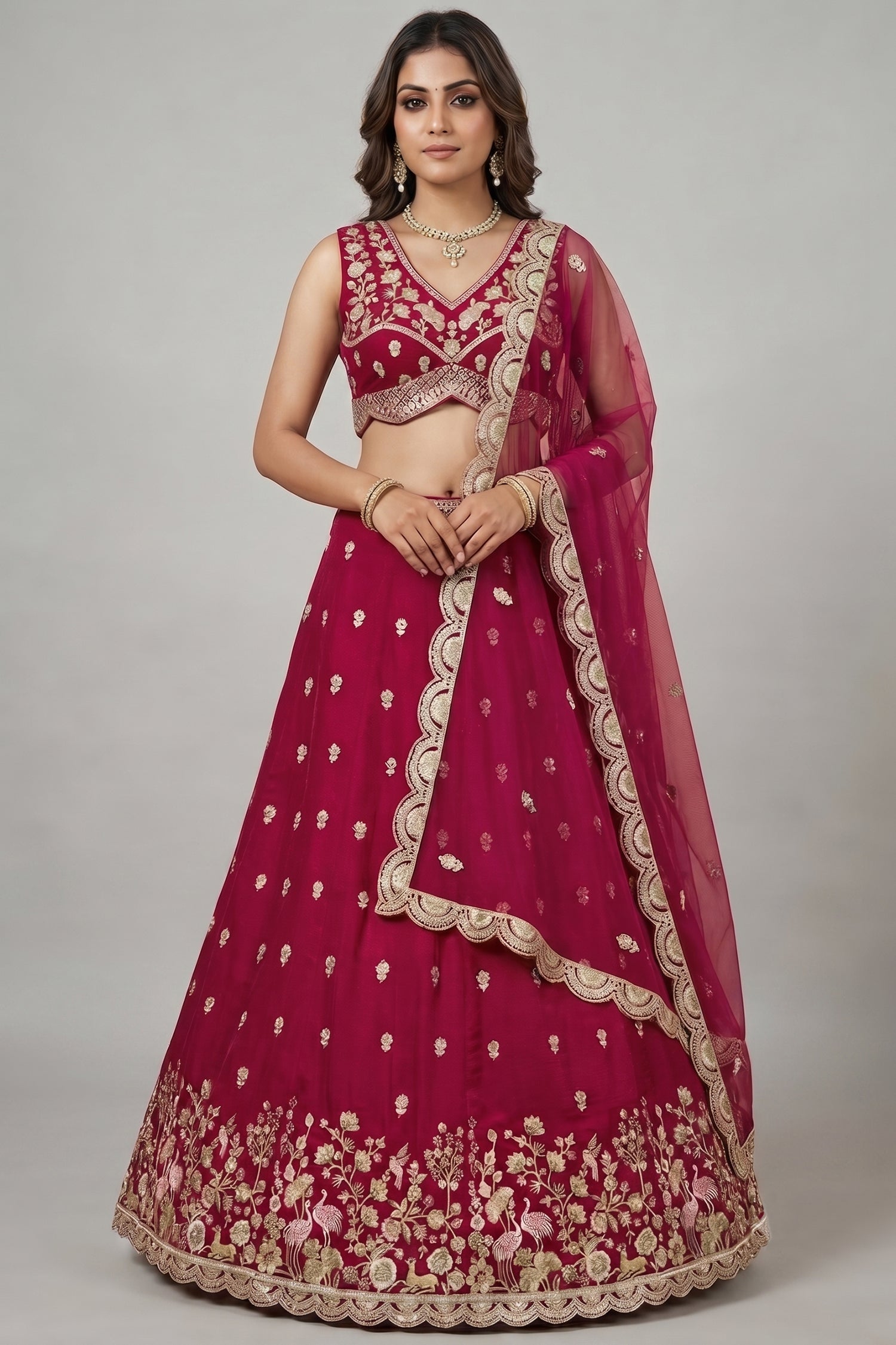 Dark Pink Chinon Silk Lehenga Choli with Pearl & Sequin Woodland Motifs Main image