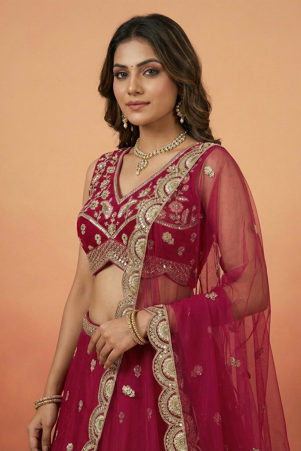 Dark Pink Chinon Silk Lehenga Choli with Pearl & Sequin Woodland Motifs